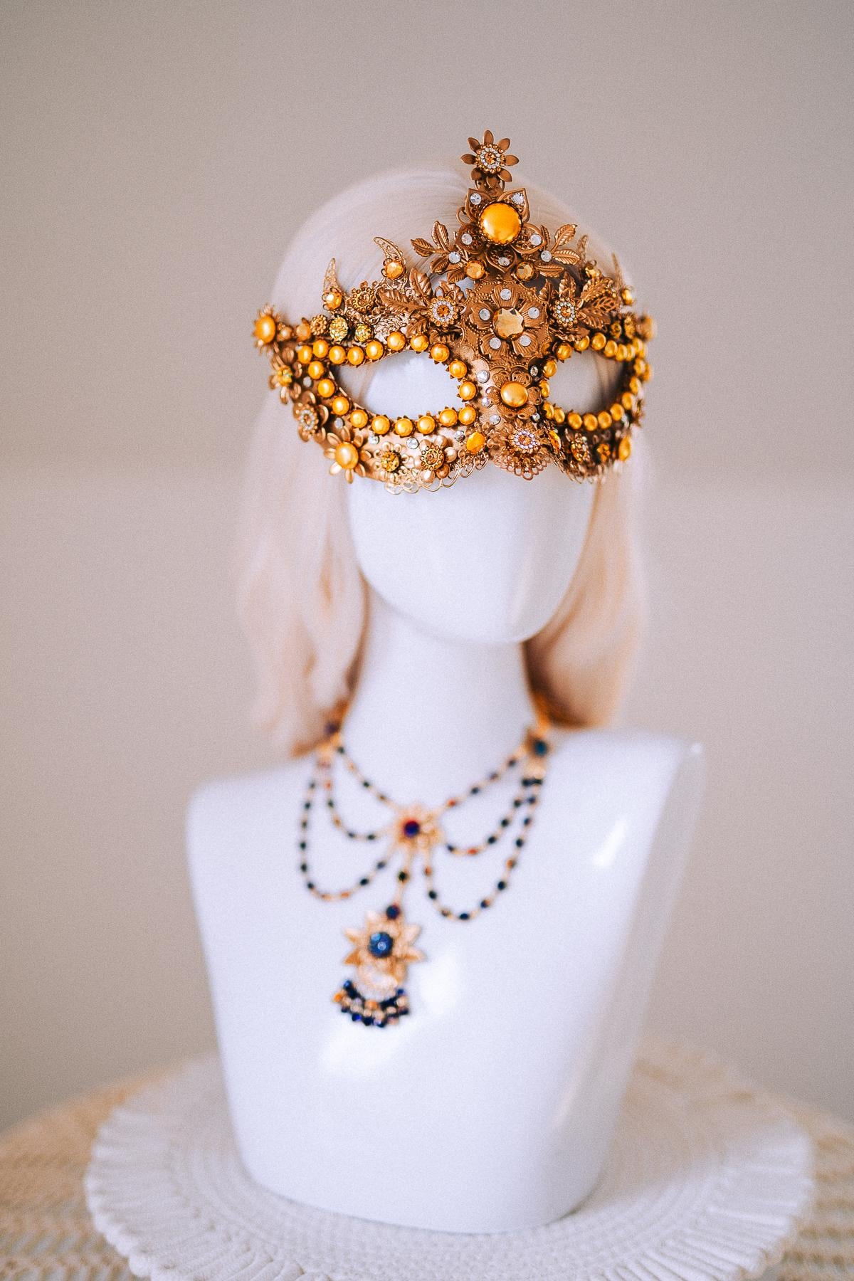 Sun Goddess Gold Statement Necklace Blue Crystal Festival Jewelry