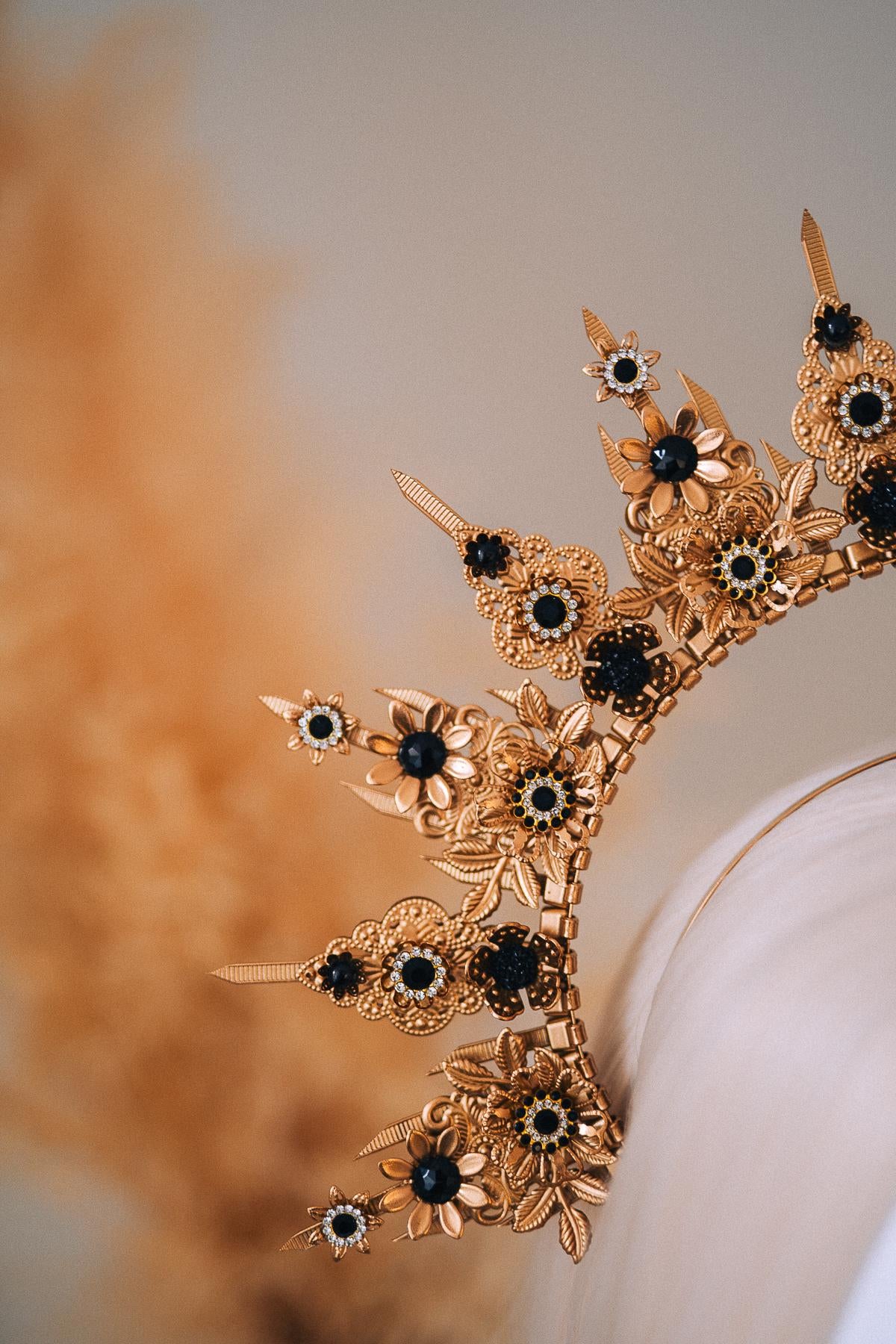 Gold Celestial Halo Crown with Black Crystals, Venetian Masquerade Headpiece