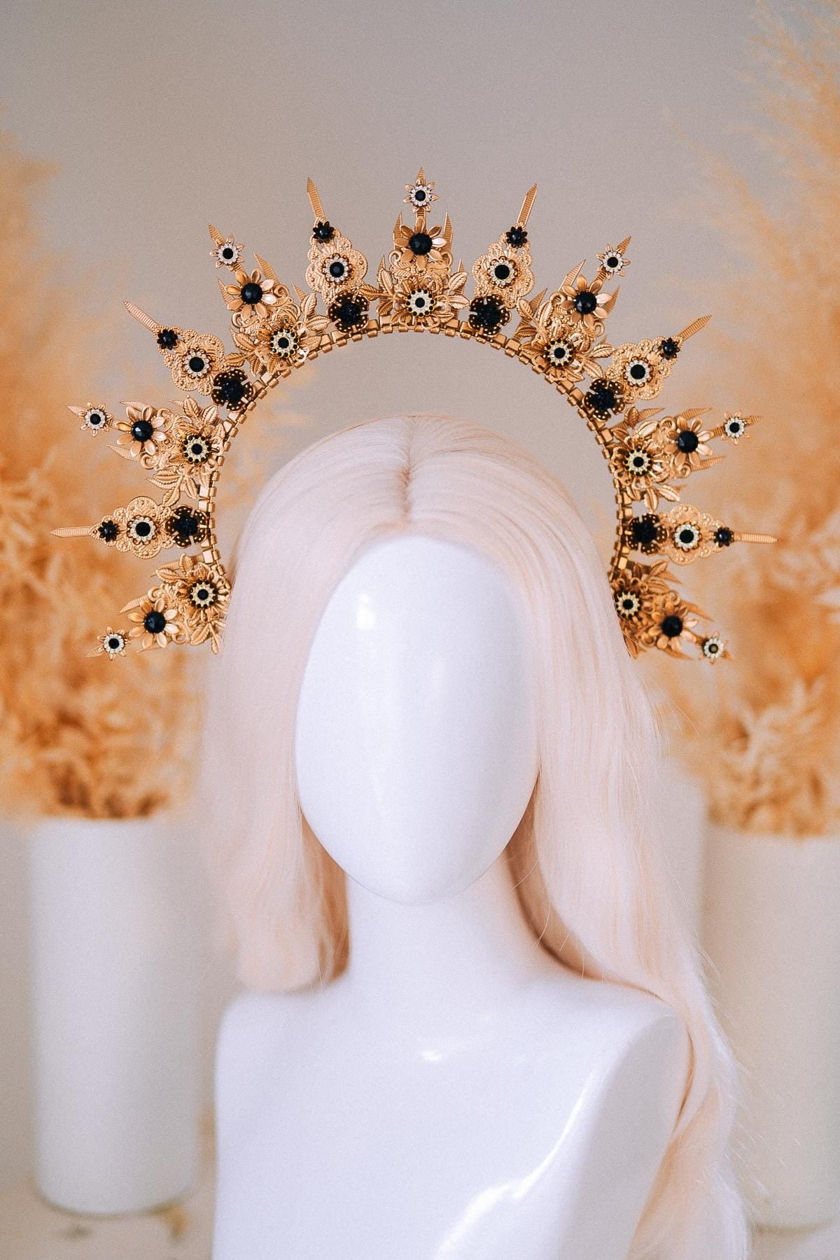 Gold Celestial Halo Crown with Black Crystals, Venetian Masquerade Headpiece