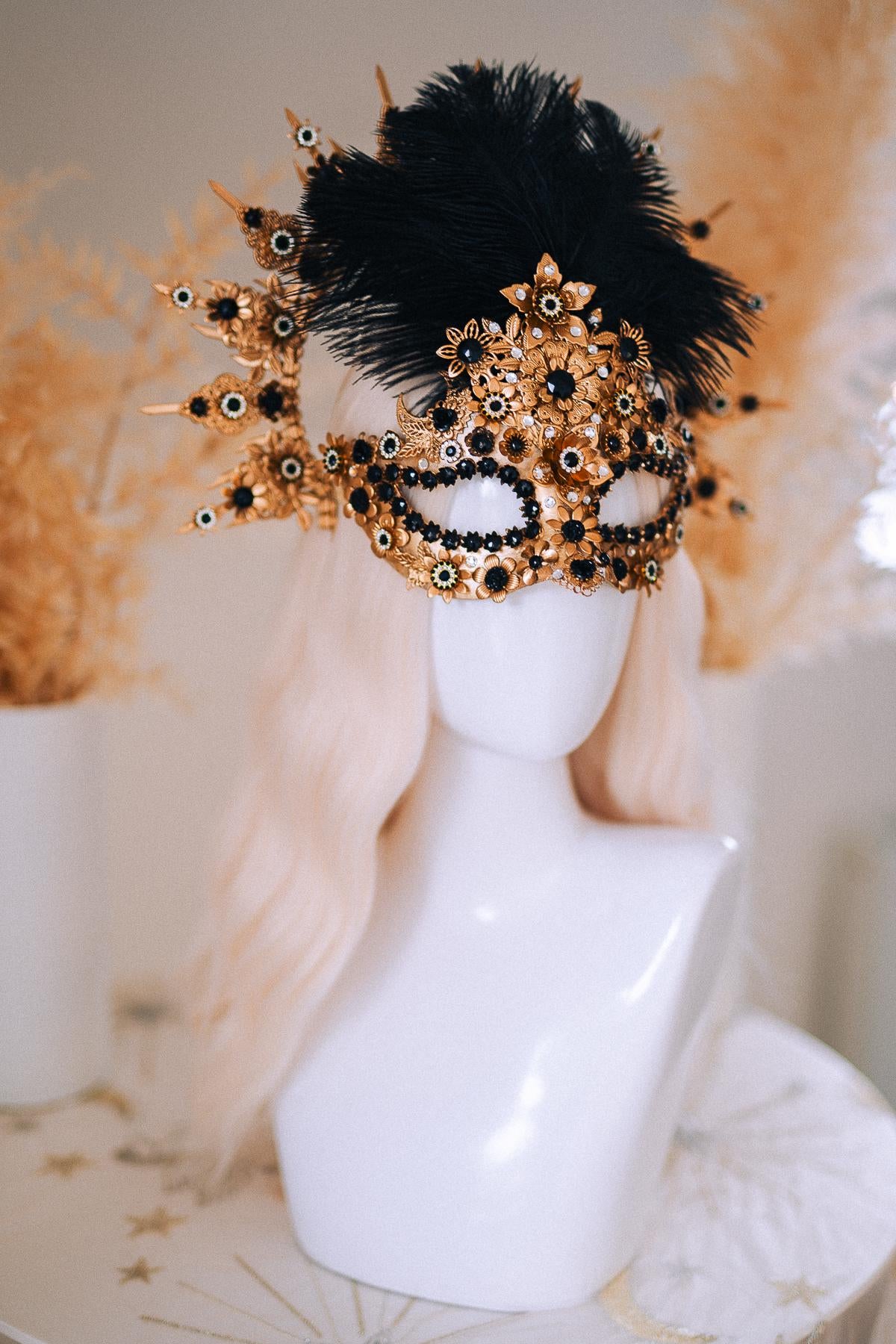 Gold Celestial Halo Crown with Black Crystals, Venetian Masquerade Headpiece