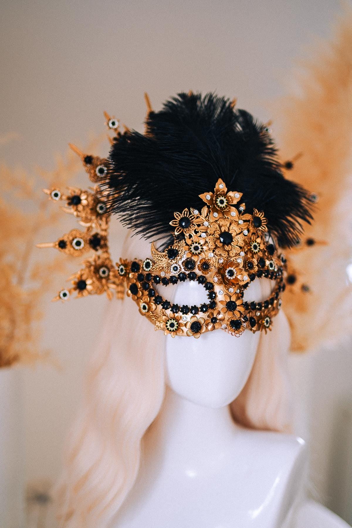 Gold Celestial Halo Crown with Black Crystals, Venetian Masquerade Headpiece