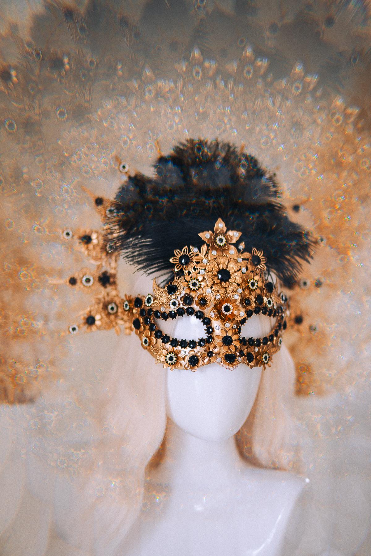 Gold Celestial Halo Crown with Black Crystals, Venetian Masquerade Headpiece