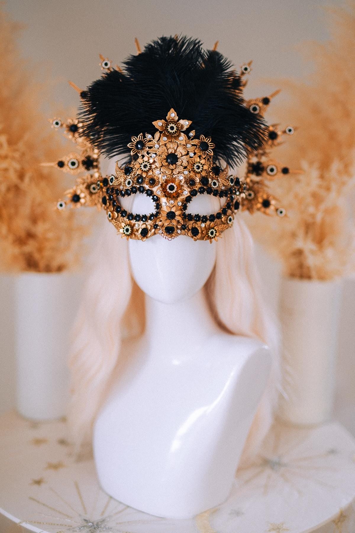 Gold Celestial Halo Crown with Black Crystals, Venetian Masquerade Headpiece