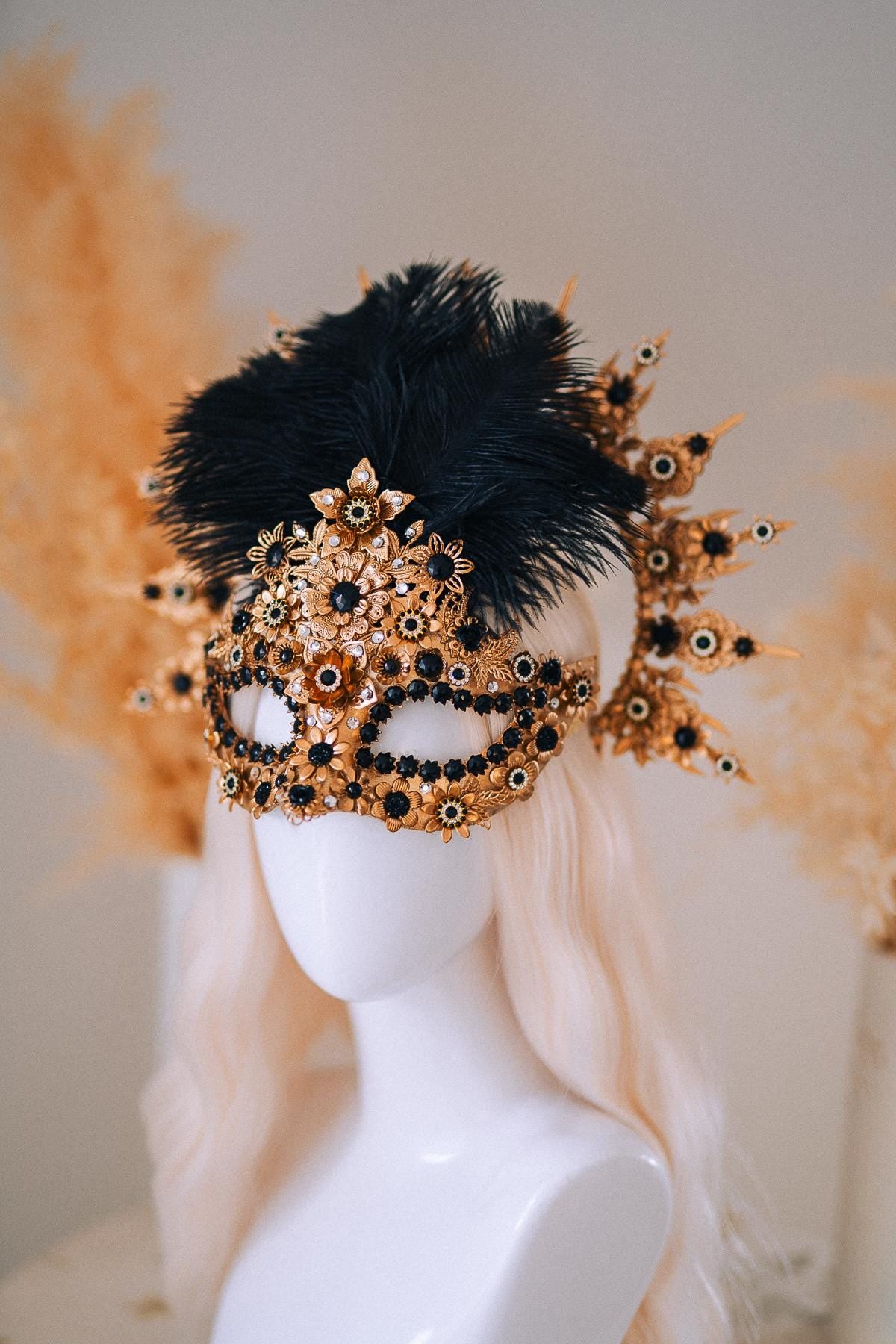 Gold Celestial Halo Crown with Black Crystals, Venetian Masquerade Headpiece