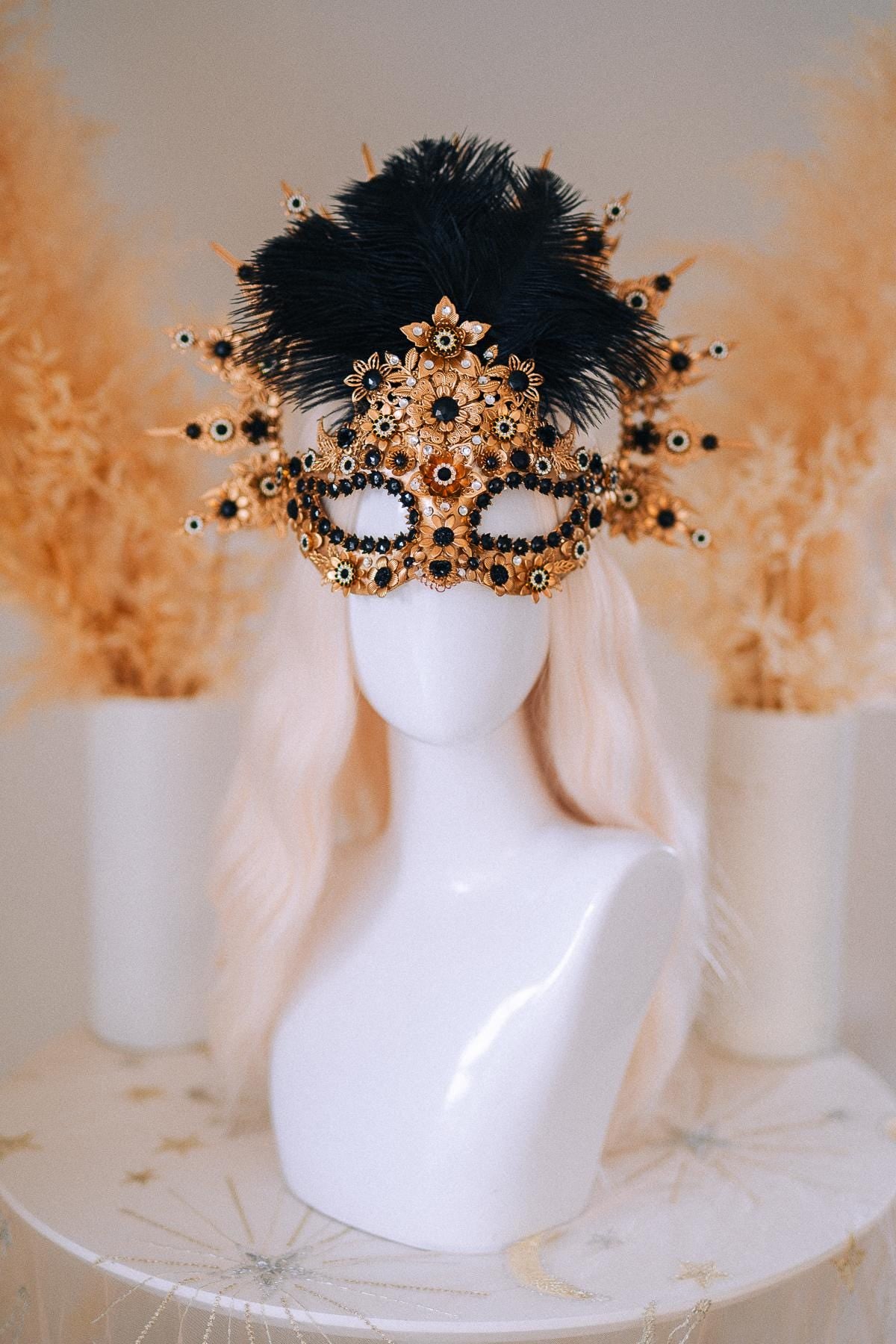 Gold Celestial Halo Crown with Black Crystals, Venetian Masquerade Headpiece