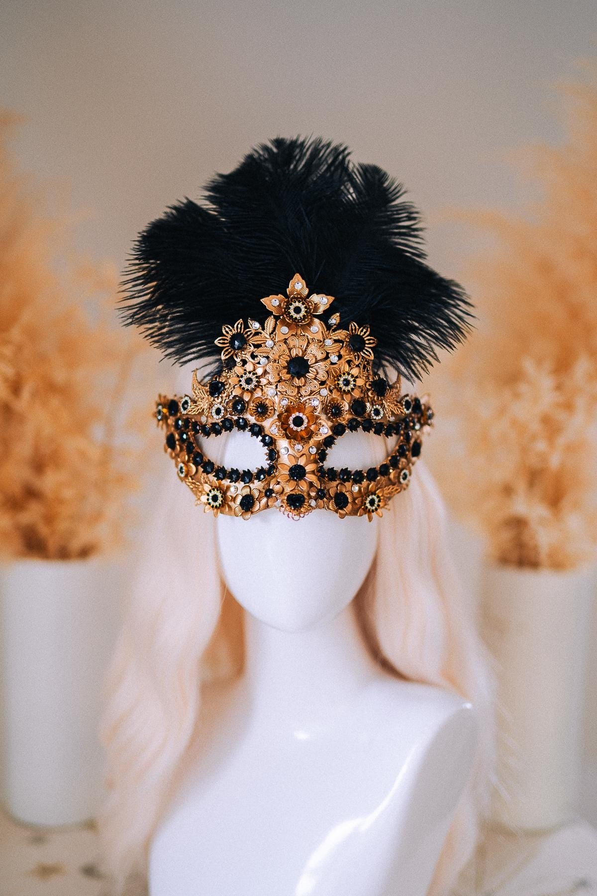 Gold Celestial Halo Crown with Black Crystals, Venetian Masquerade Headpiece