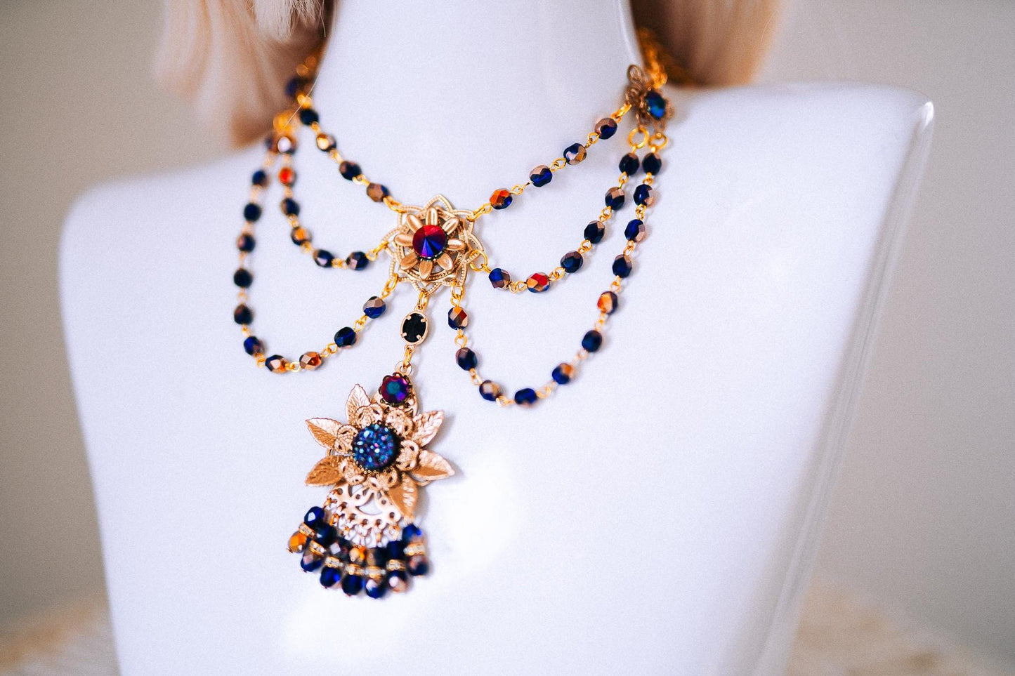Sun Goddess Gold Statement Necklace Blue Crystal Festival Jewelry