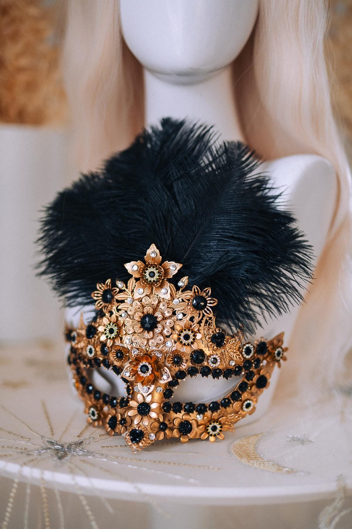 Gold Peacock Masquerade Mask with Black Crystals and Feathers – Venetian Costume Accessory