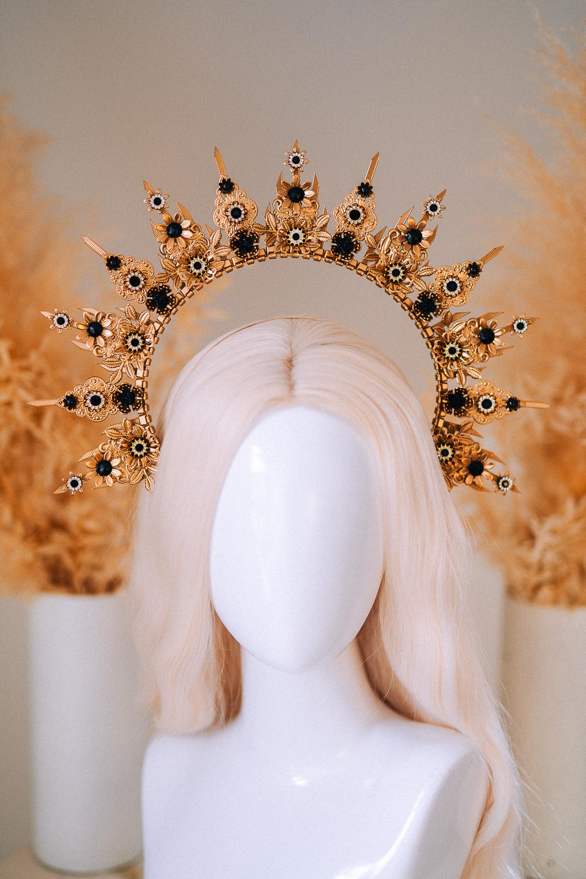 Gold Peacock Masquerade Mask with Black Crystals and Feathers – Venetian Costume Accessory