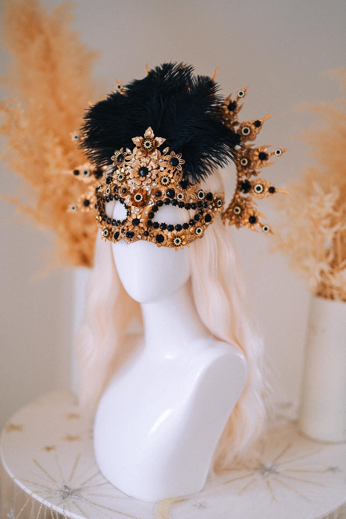 Gold Peacock Masquerade Mask with Black Crystals and Feathers – Venetian Costume Accessory