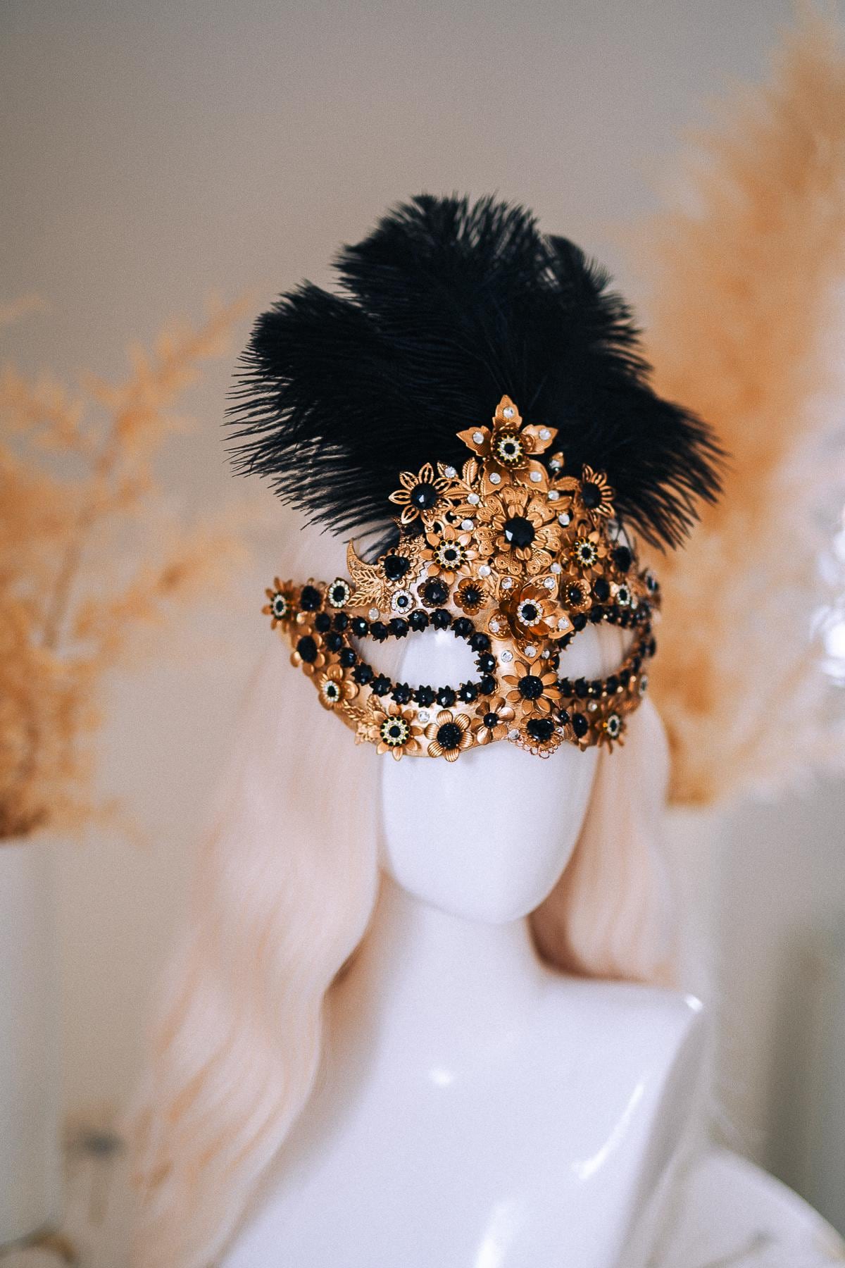 Gold Peacock Masquerade Mask with Black Crystals and Feathers – Venetian Costume Accessory