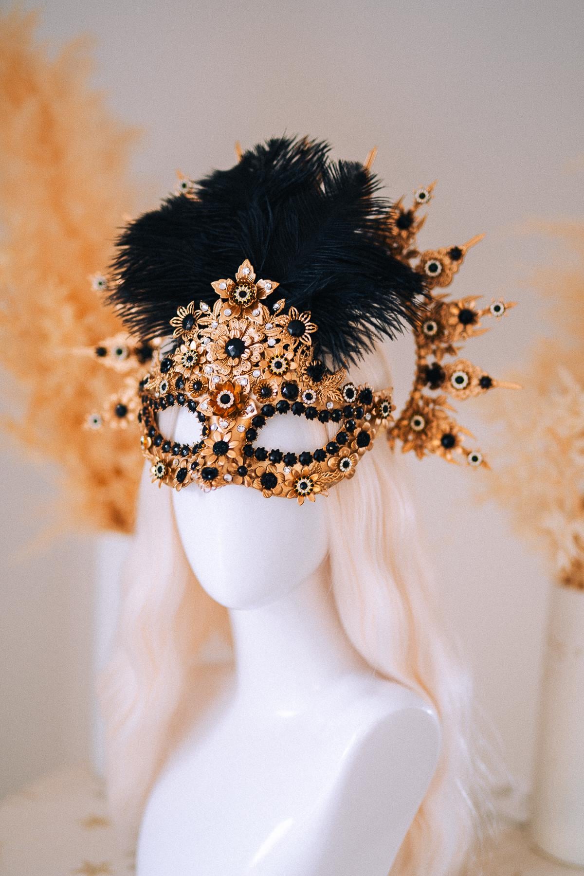 Gold Peacock Masquerade Mask with Black Crystals and Feathers – Venetian Costume Accessory