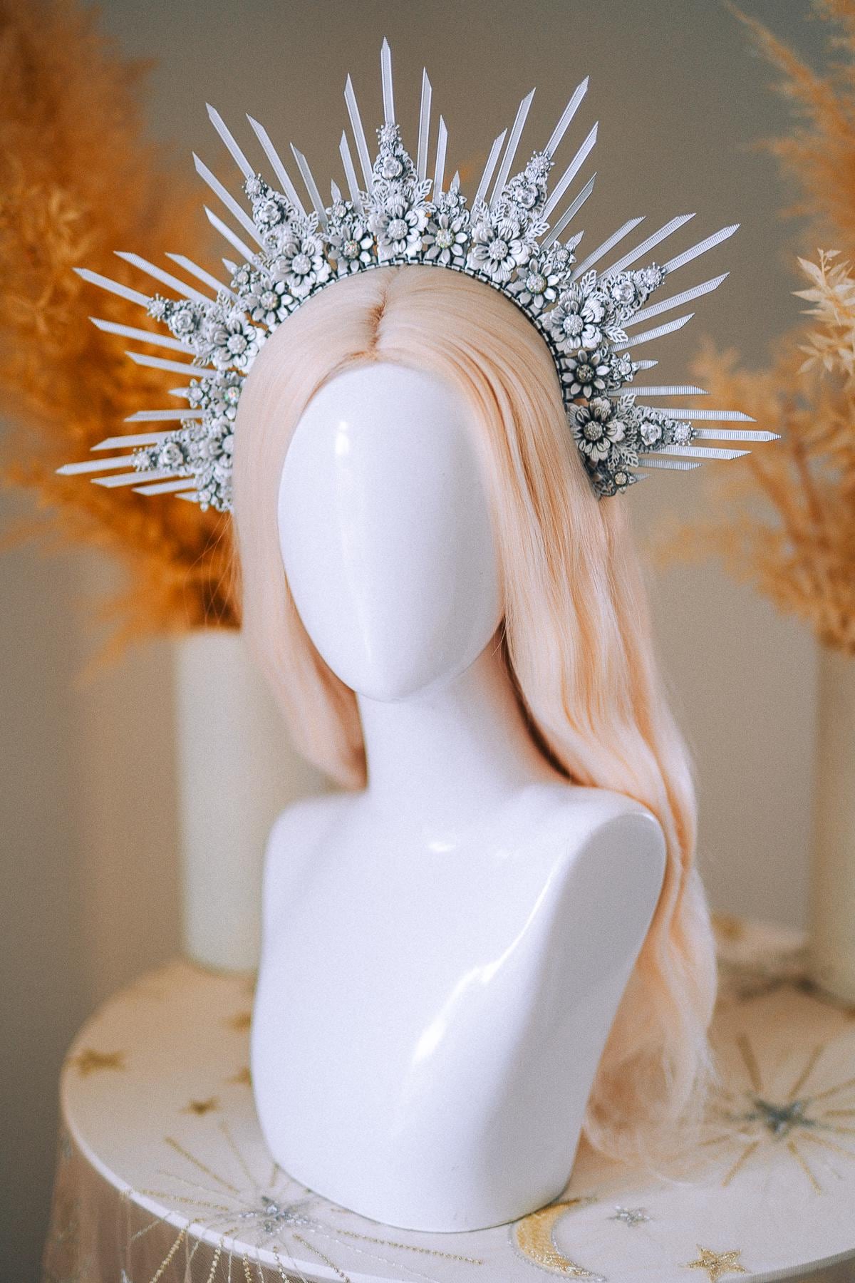 Silver Goddess Halo Crown Celestial Radiant Headpiece Festival Wedding Statement Crown