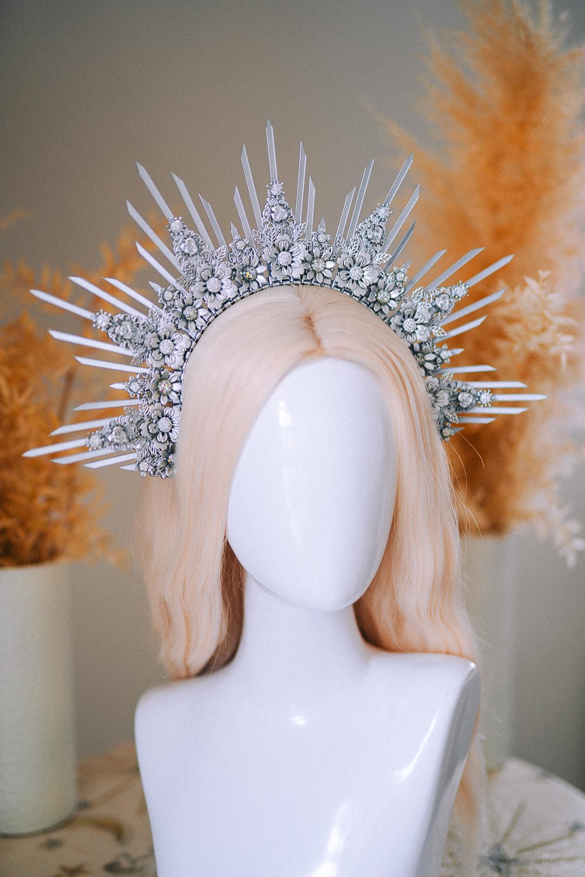 Silver Goddess Halo Crown Celestial Radiant Headpiece Festival Wedding Statement Crown