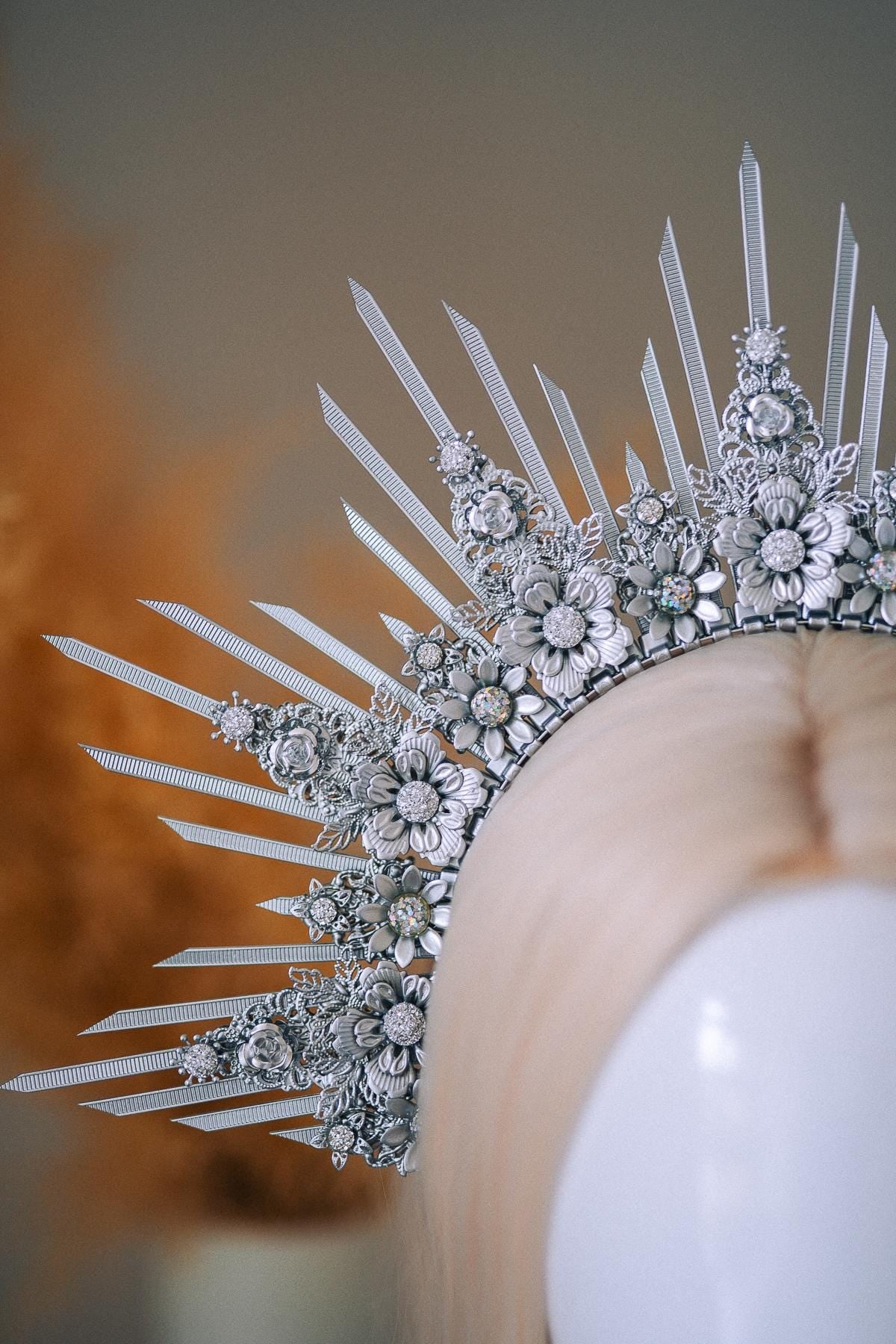Silver Goddess Halo Crown Celestial Radiant Headpiece Festival Wedding Statement Crown