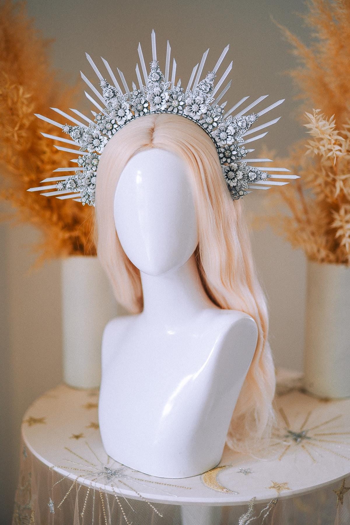 Silver Goddess Halo Crown Celestial Radiant Headpiece Festival Wedding Statement Crown