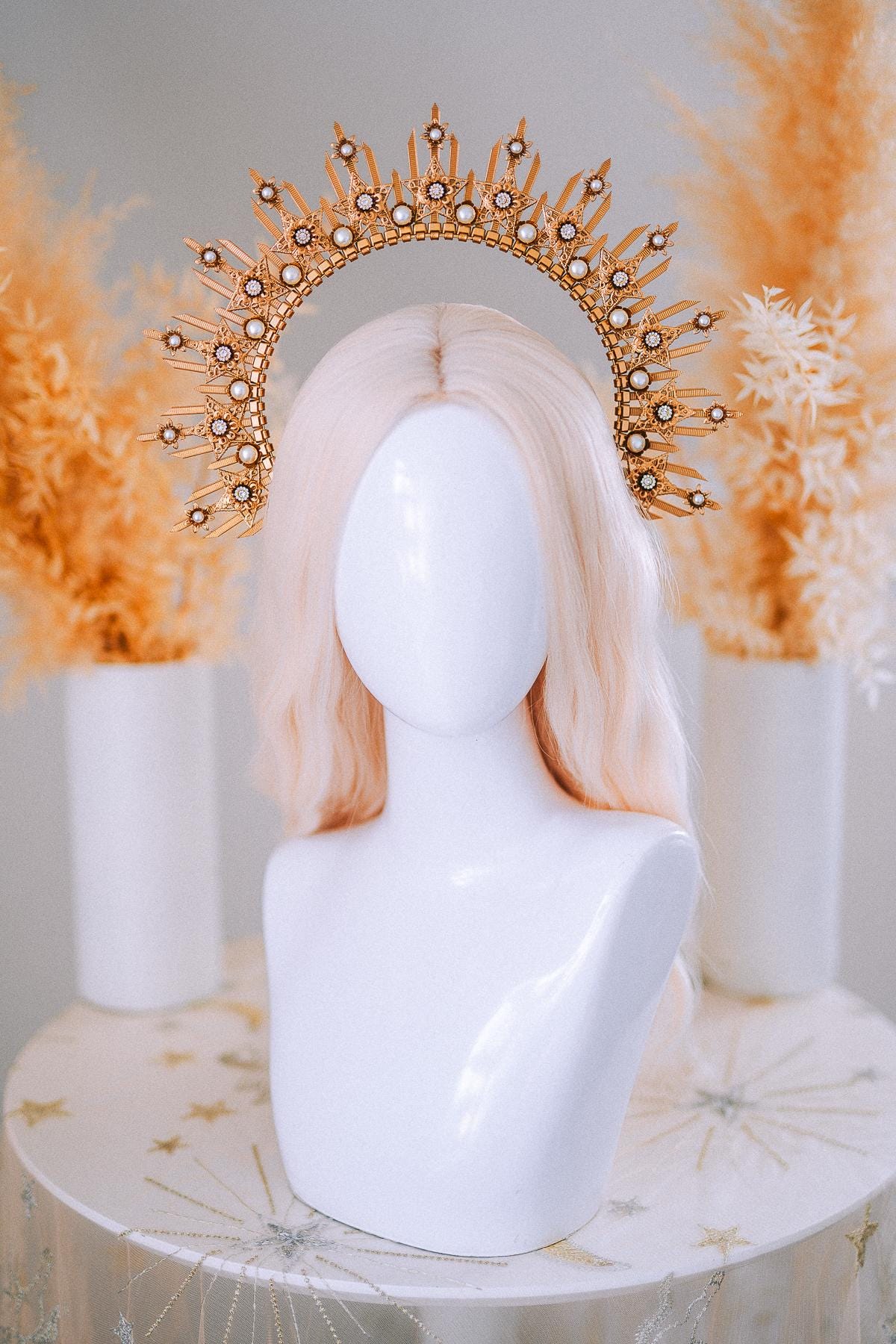 Gold Goddess Halo Crown Celestial Star Headpiece Wedding Festival Statement Crown