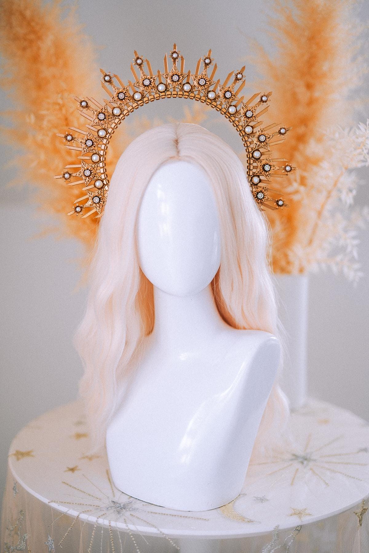 Gold Goddess Halo Crown Celestial Star Headpiece Wedding Festival Statement Crown