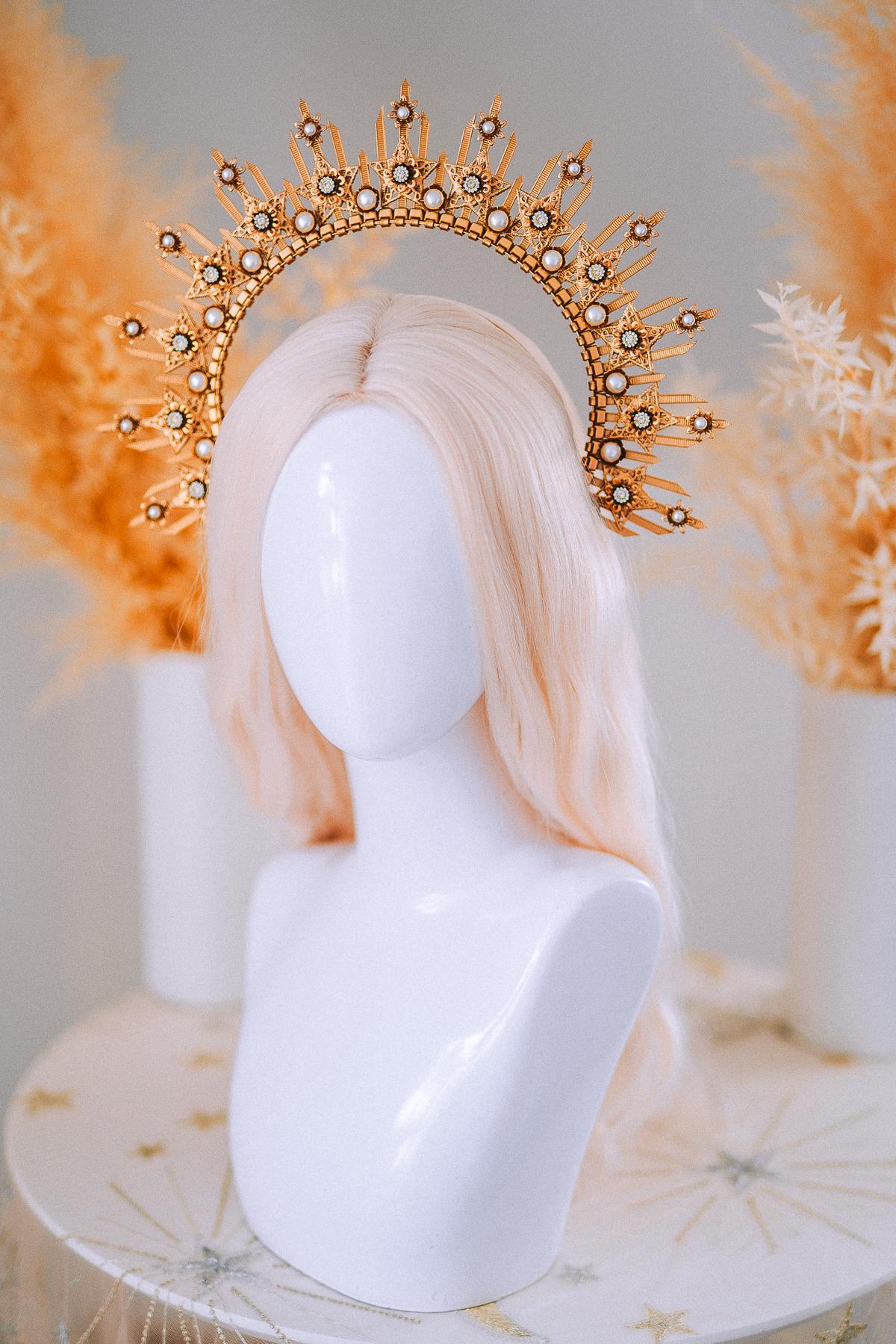 Gold Goddess Halo Crown Celestial Star Headpiece Wedding Festival Statement Crown