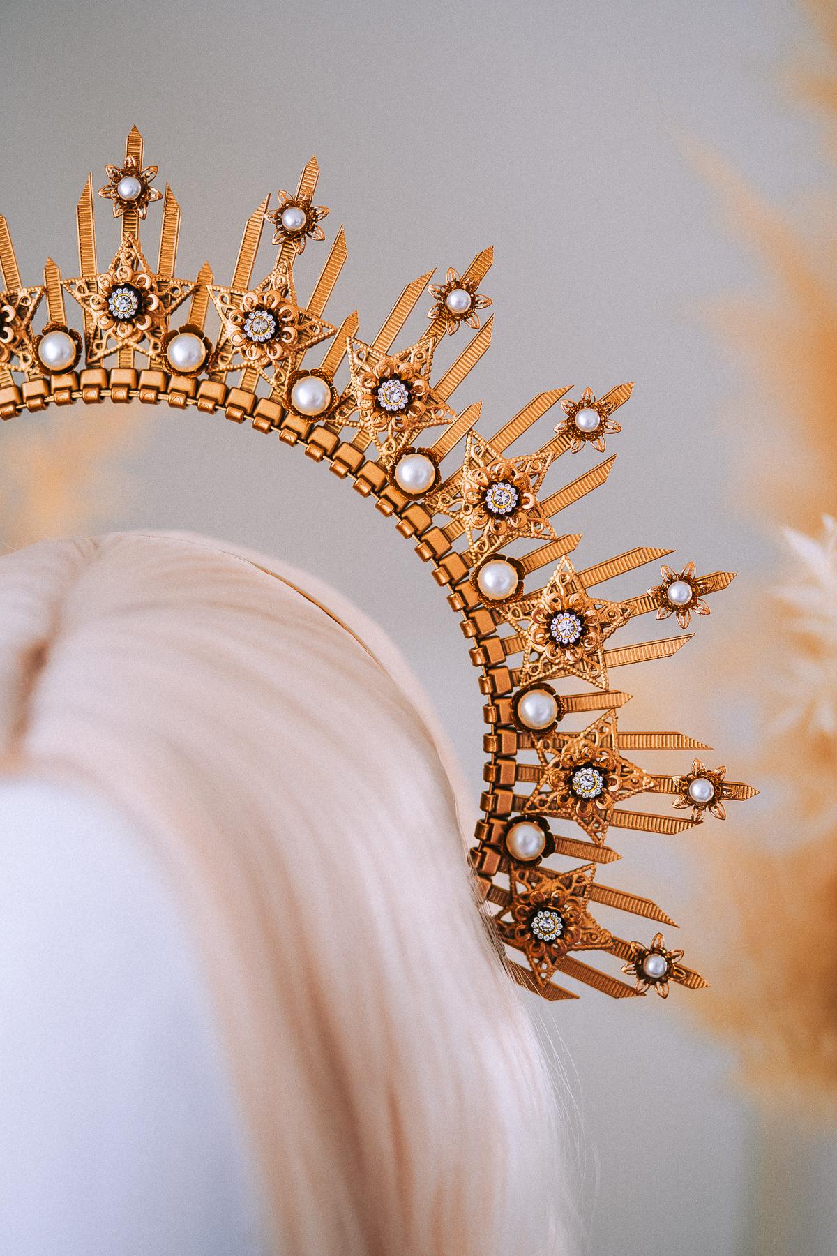 Gold Goddess Halo Crown Celestial Star Headpiece Wedding Festival Statement Crown