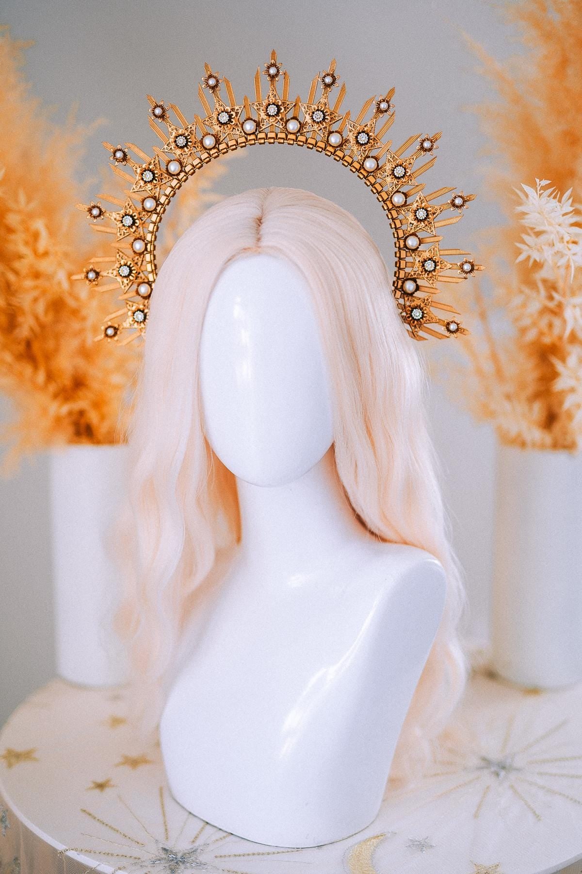 Gold Goddess Halo Crown Celestial Star Headpiece Wedding Festival Statement Crown