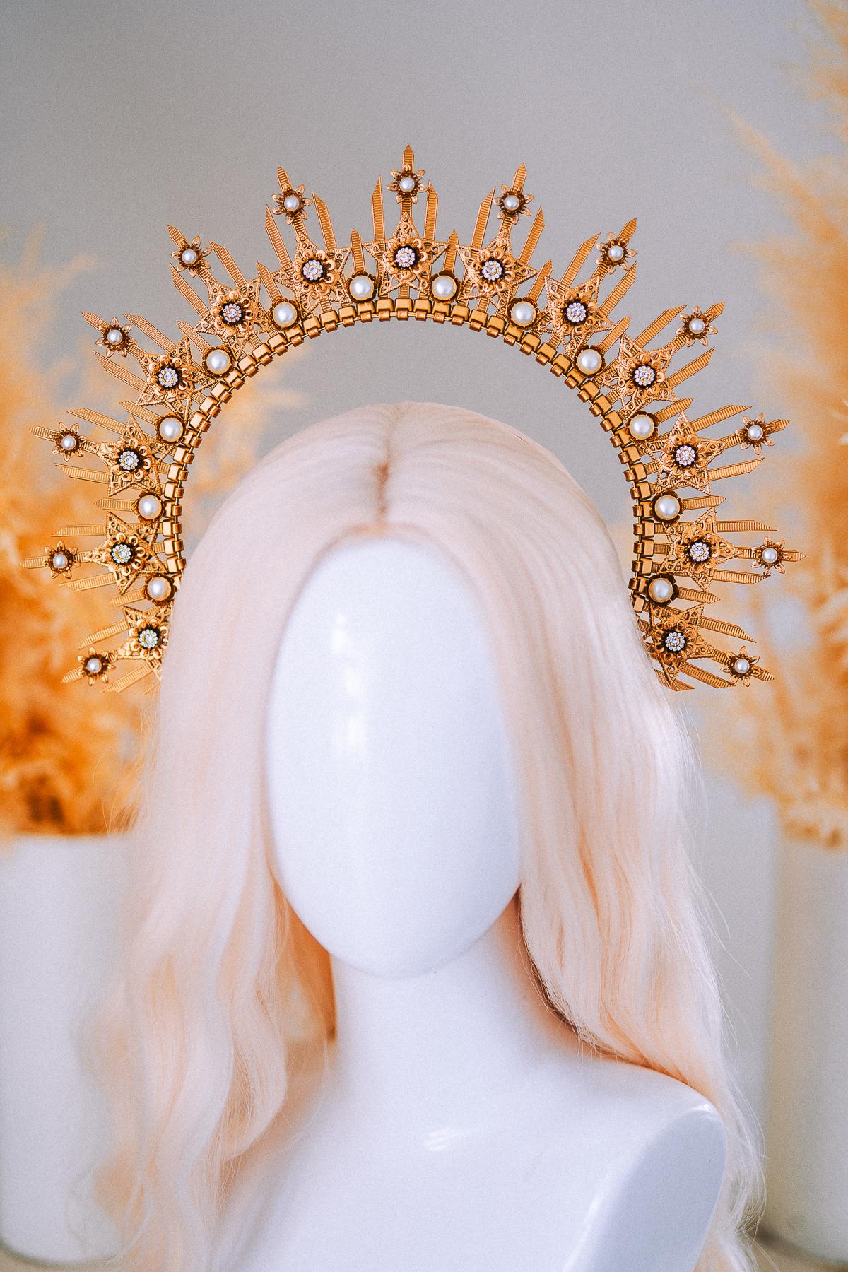 Gold Goddess Halo Crown Celestial Star Headpiece Wedding Festival Statement Crown