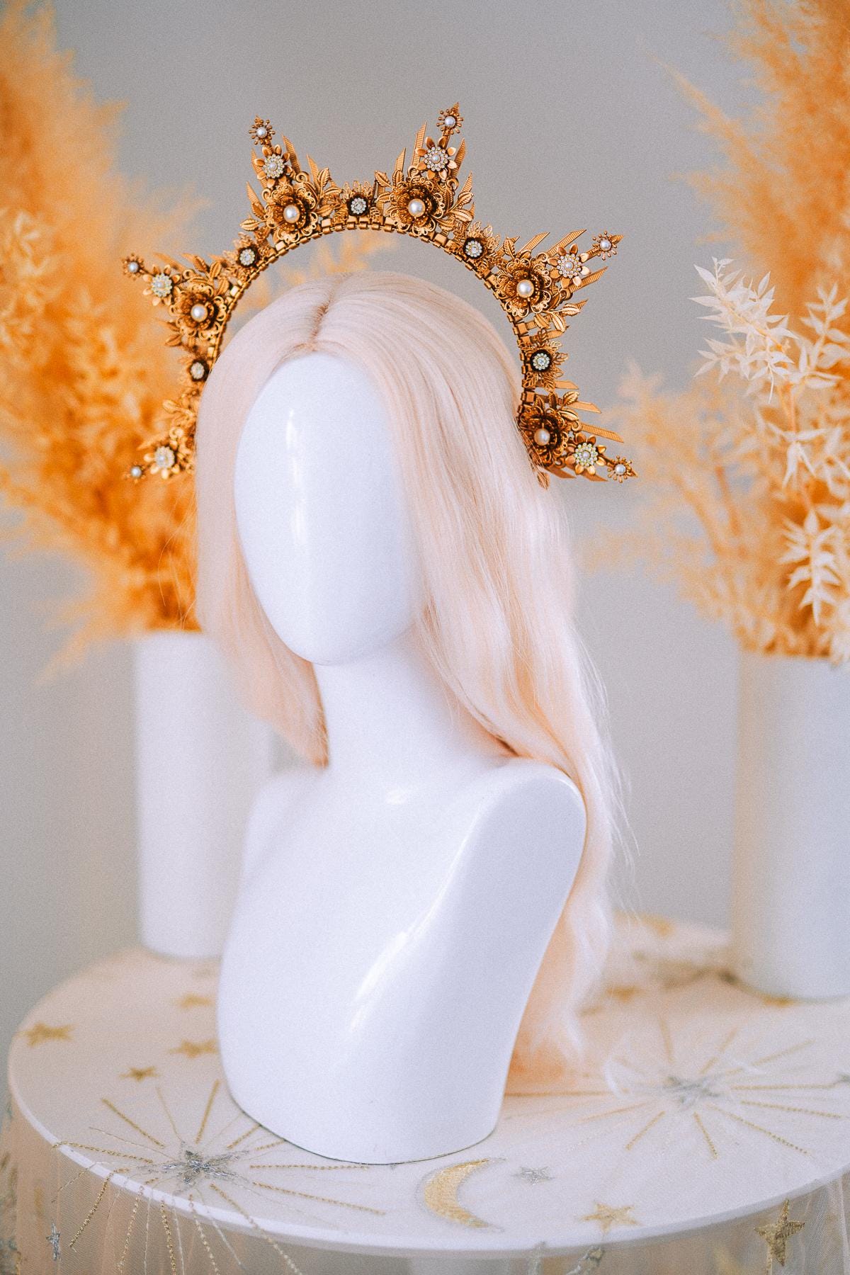 Gold Floral Halo Crown Goddess Headpiece Wedding Festival Statement Crown