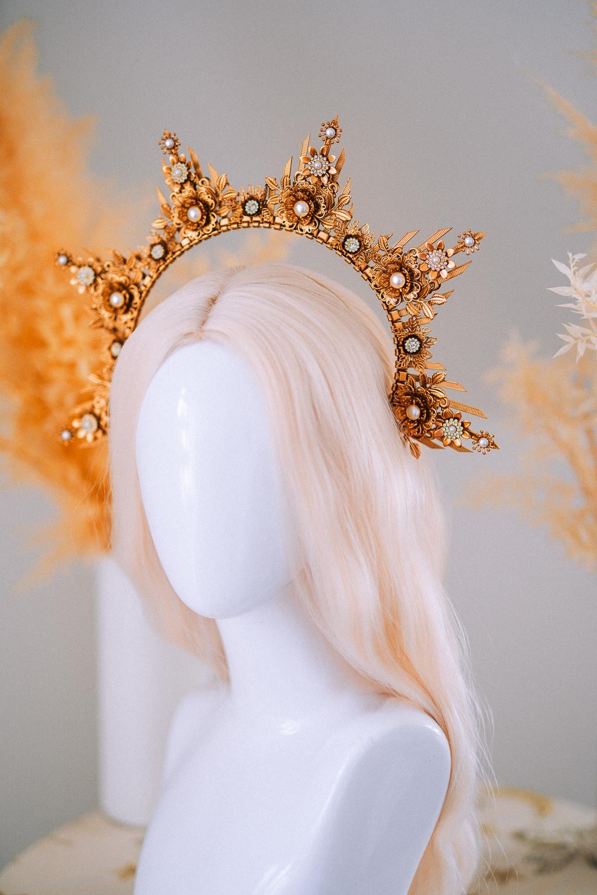 Gold Floral Halo Crown Goddess Headpiece Wedding Festival Statement Crown