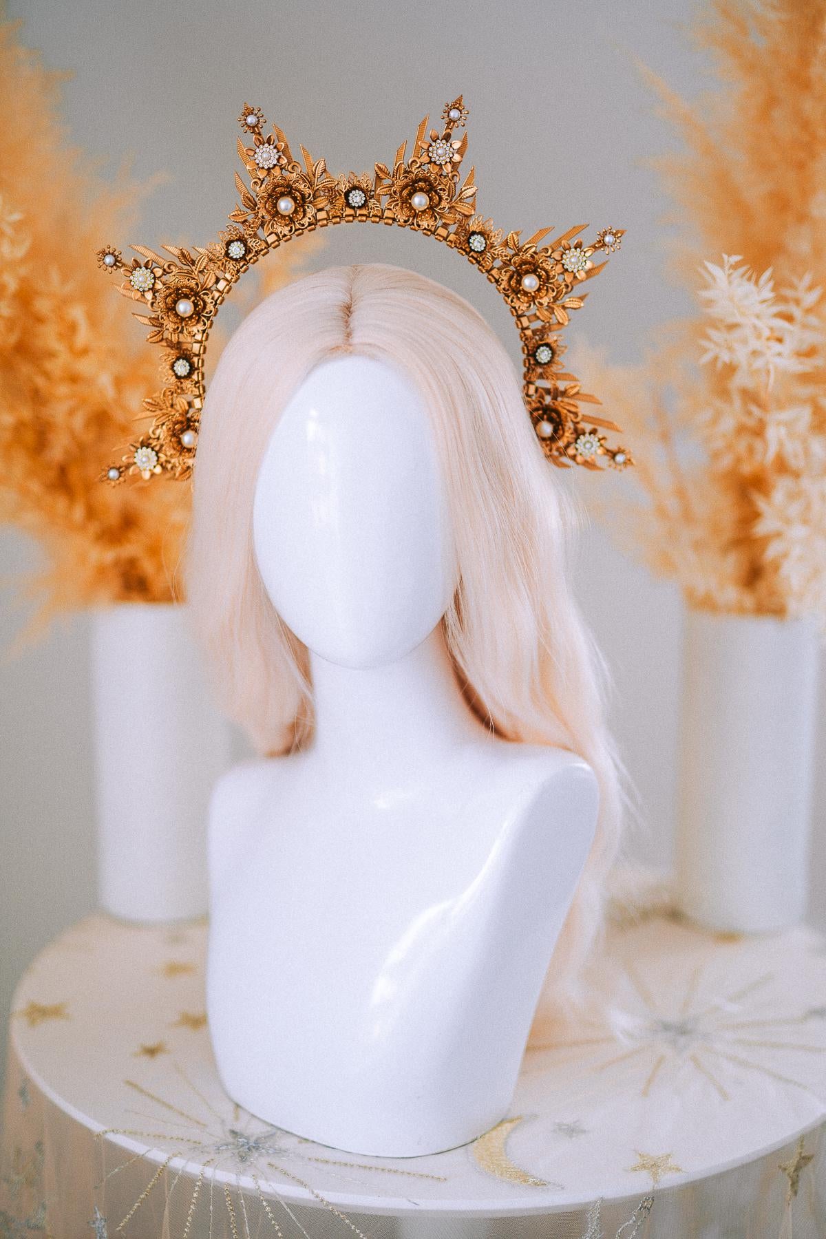 Gold Floral Halo Crown Goddess Headpiece Wedding Festival Statement Crown