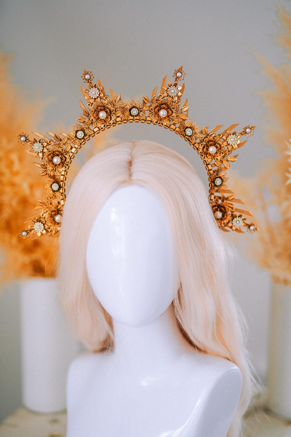 Gold Floral Halo Crown Goddess Headpiece Wedding Festival Statement Crown