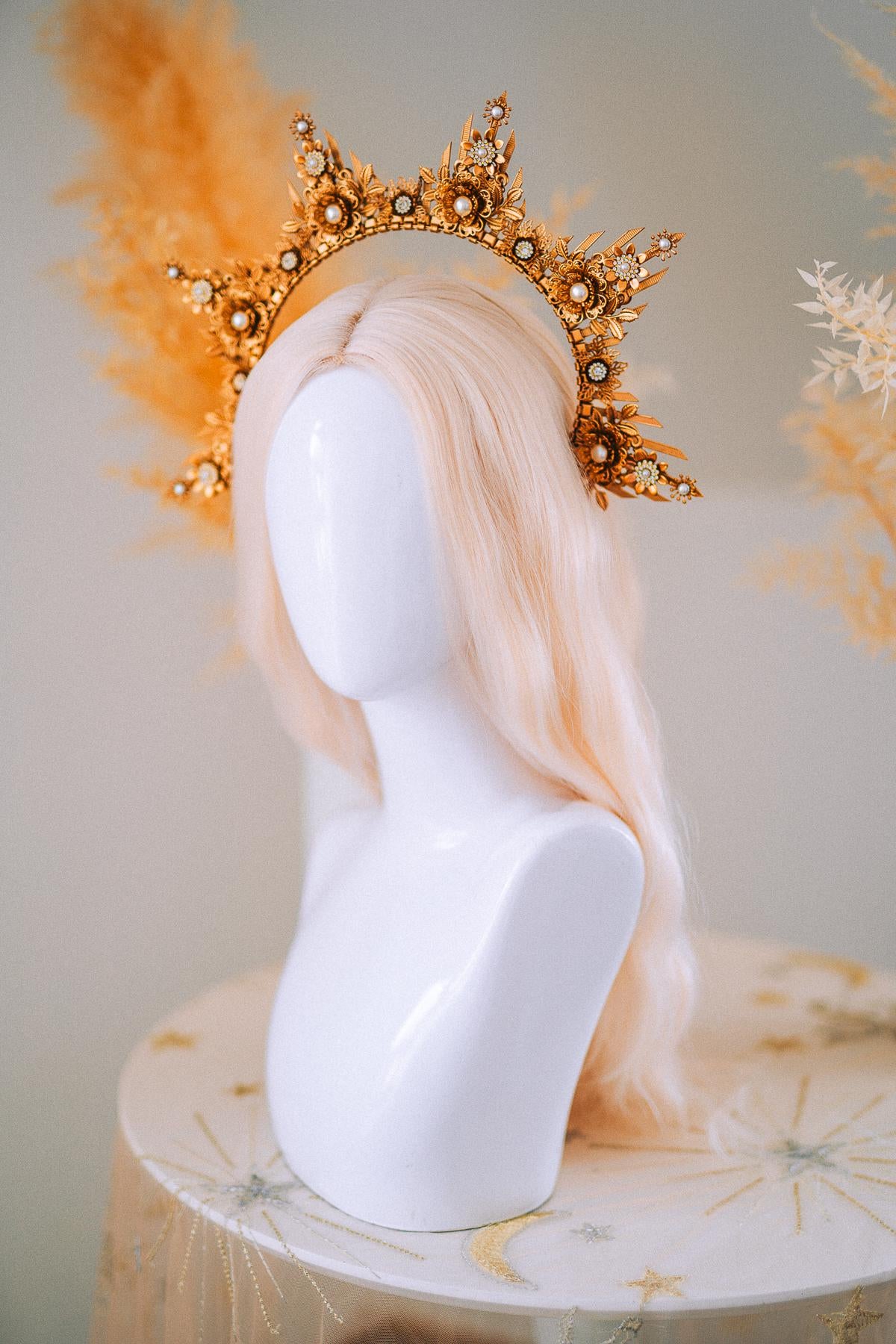 Gold Floral Halo Crown Goddess Headpiece Wedding Festival Statement Crown