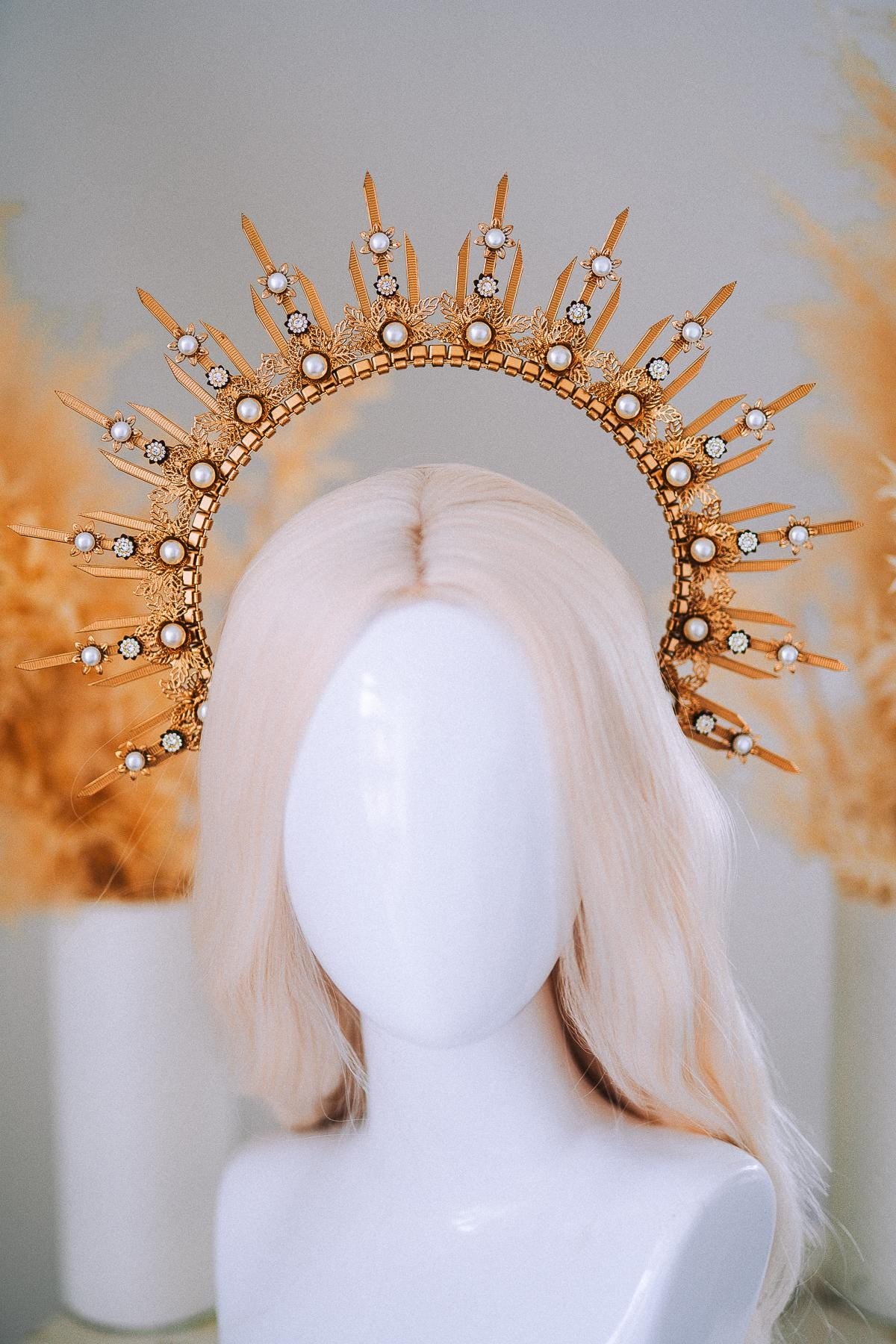 Gold Pearl Halo Crown Goddess Headpiece Celestial Wedding Festival Statement Crown