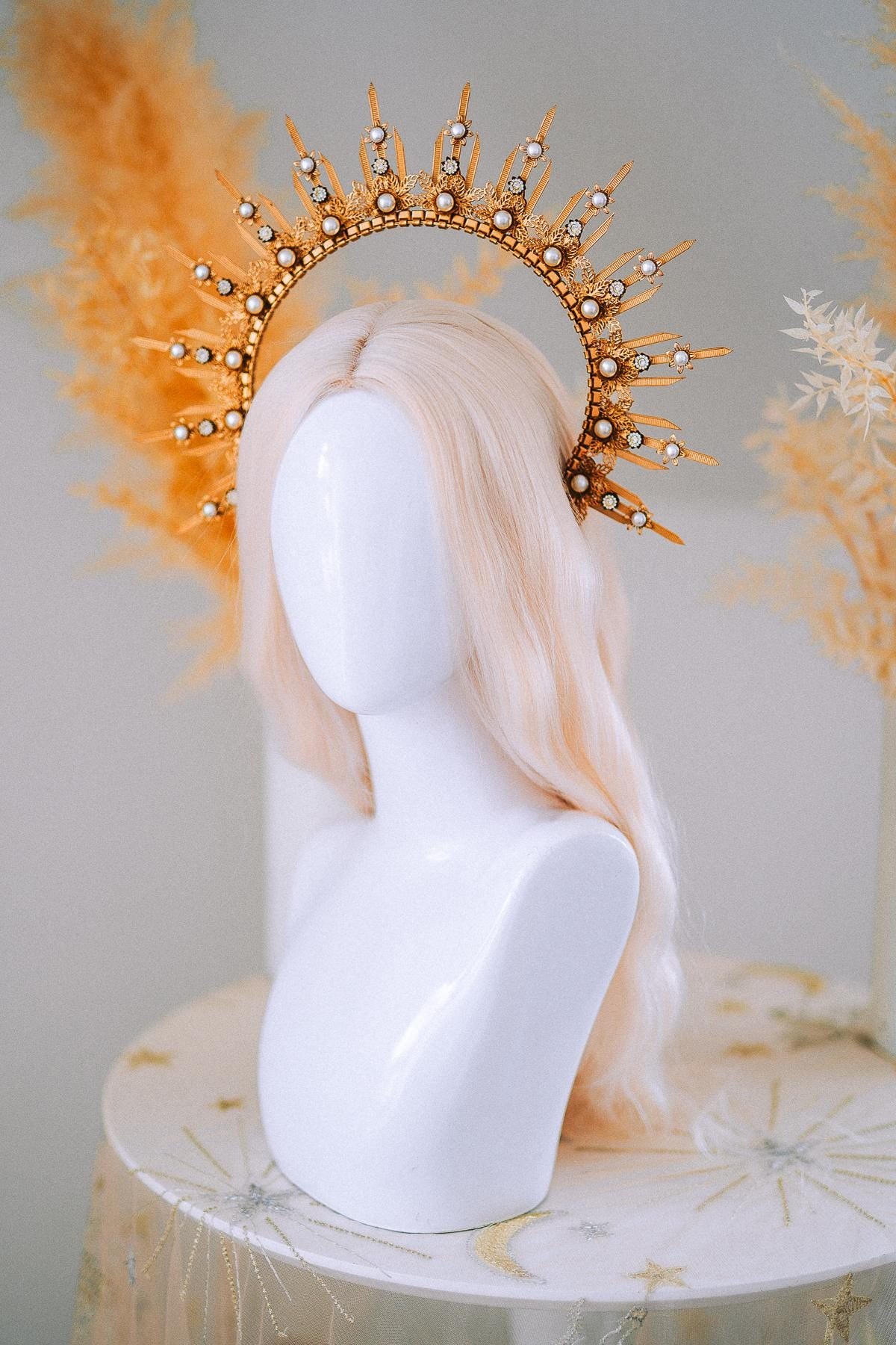 Gold Pearl Halo Crown Goddess Headpiece Celestial Wedding Festival Statement Crown