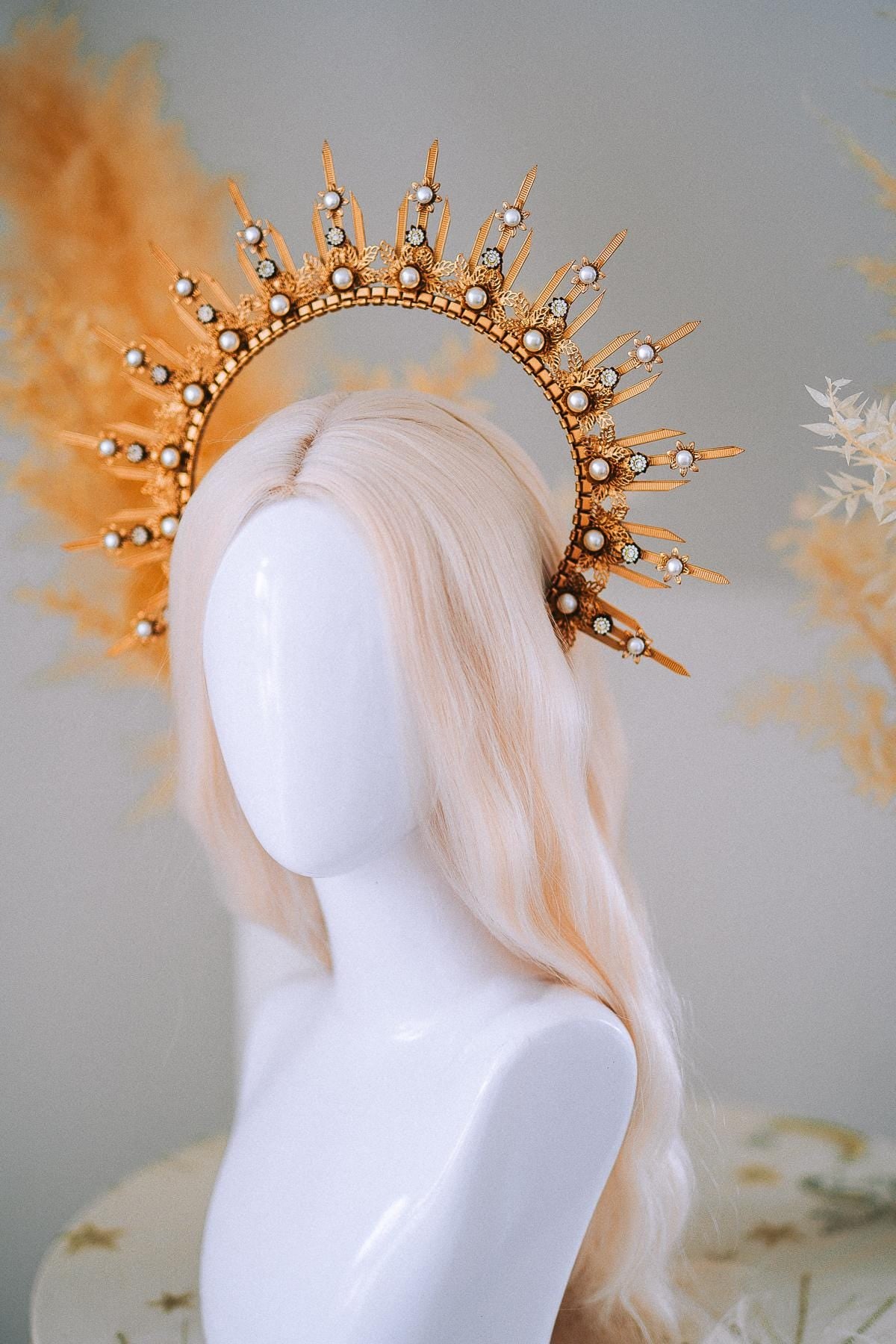Gold Pearl Halo Crown Goddess Headpiece Celestial Wedding Festival Statement Crown