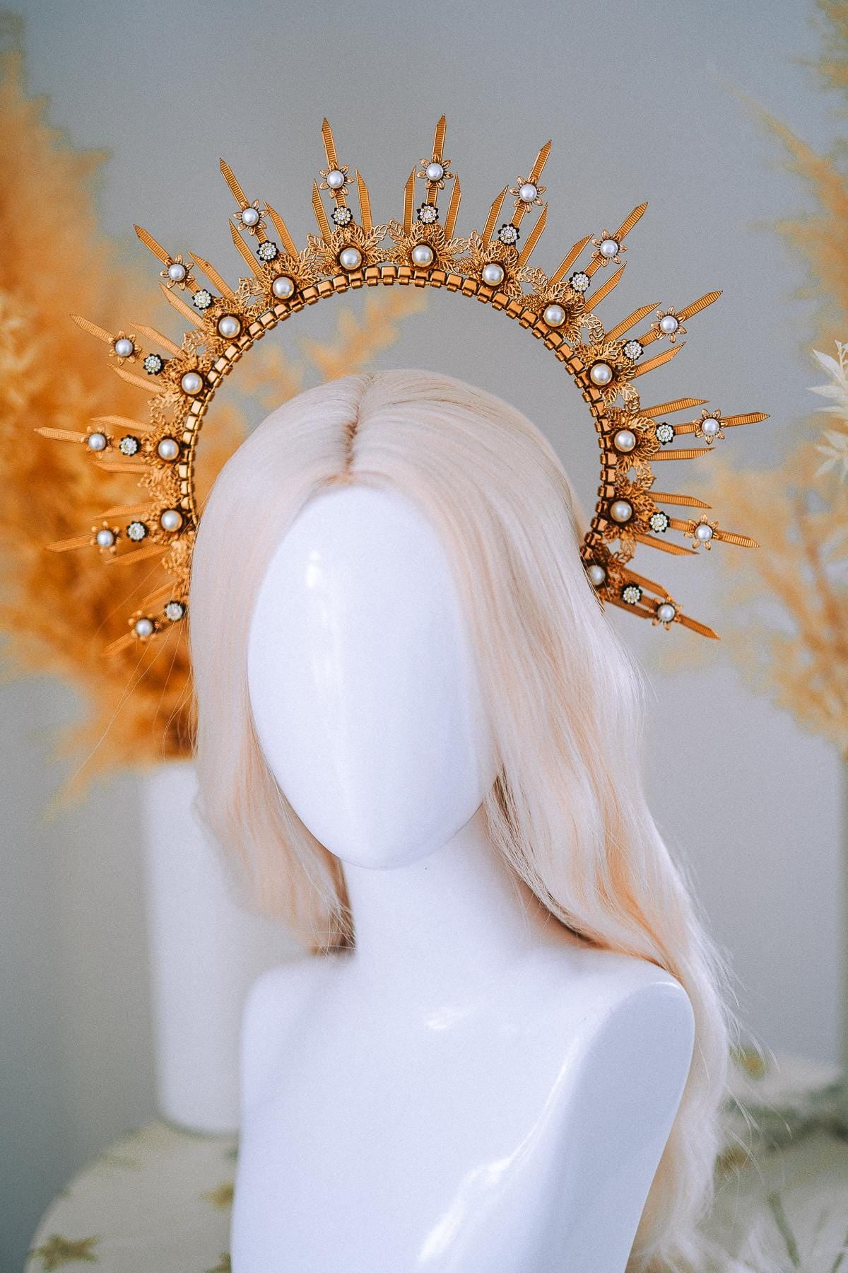 Gold Pearl Halo Crown Goddess Headpiece Celestial Wedding Festival Statement Crown