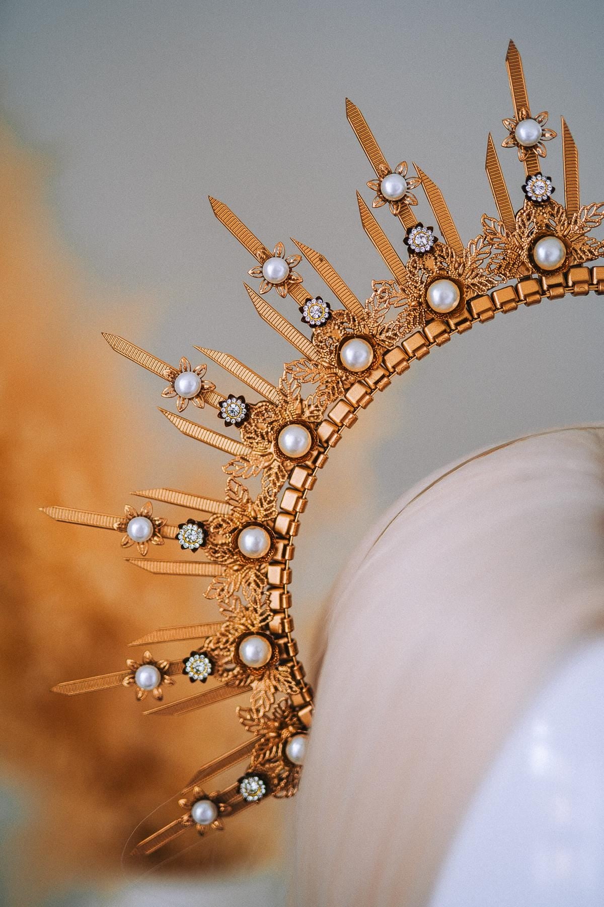 Gold Pearl Halo Crown Goddess Headpiece Celestial Wedding Festival Statement Crown
