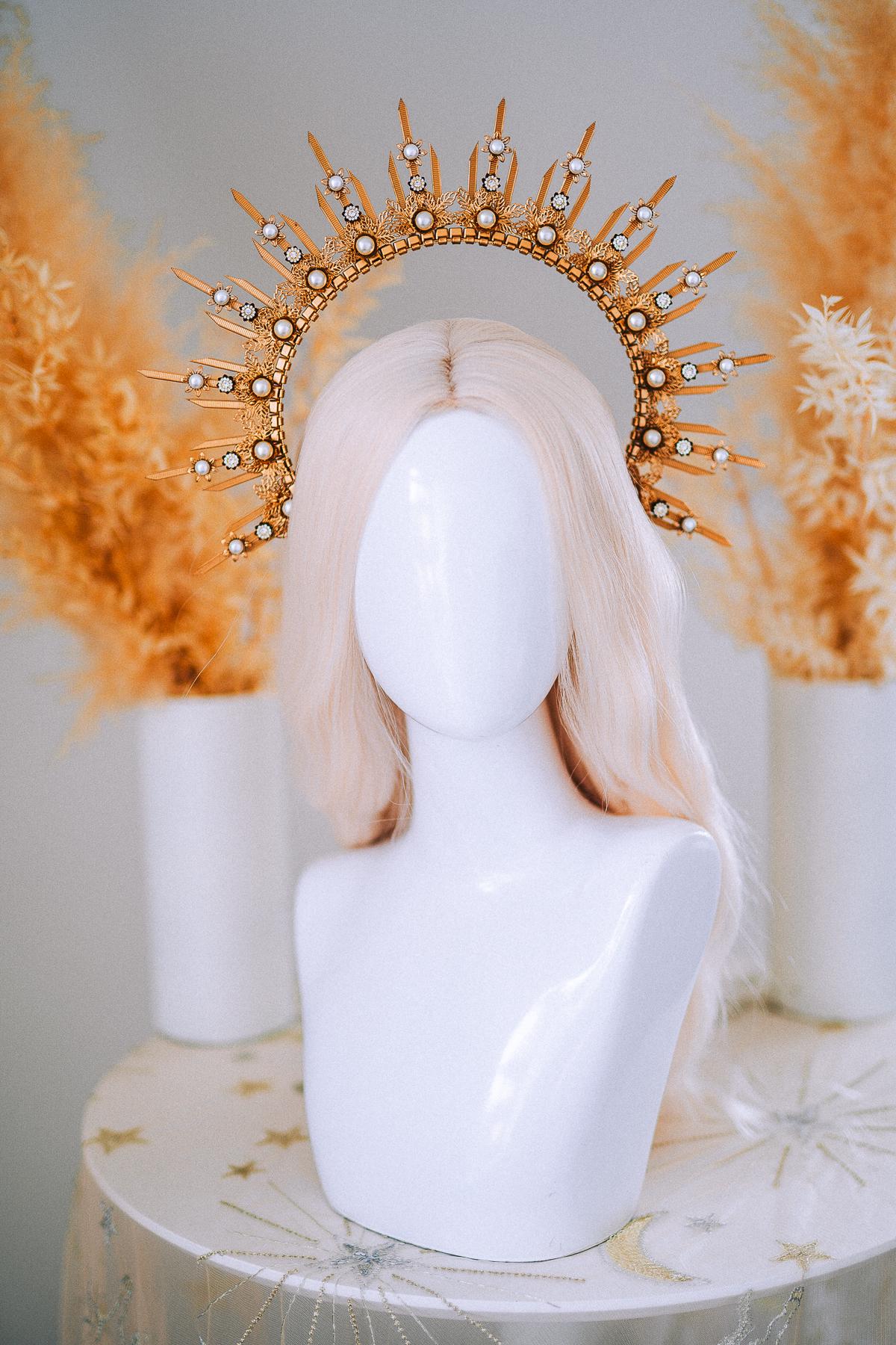 Gold Pearl Halo Crown Goddess Headpiece Celestial Wedding Festival Statement Crown