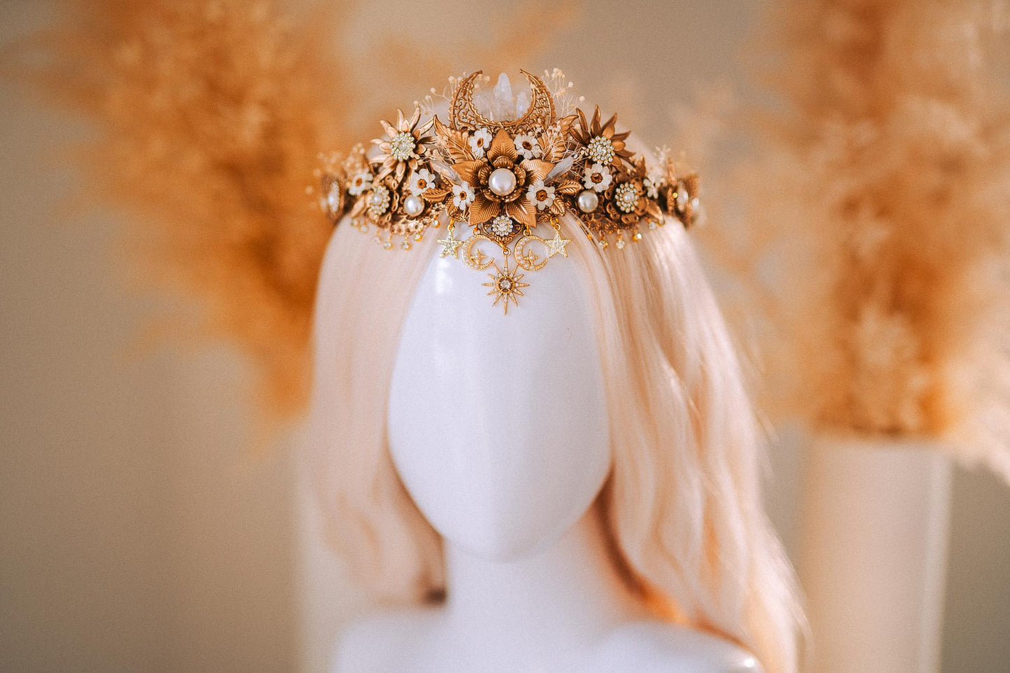 Celestial Boho Bridal Crown Crystal Flower Goddess Headpiece