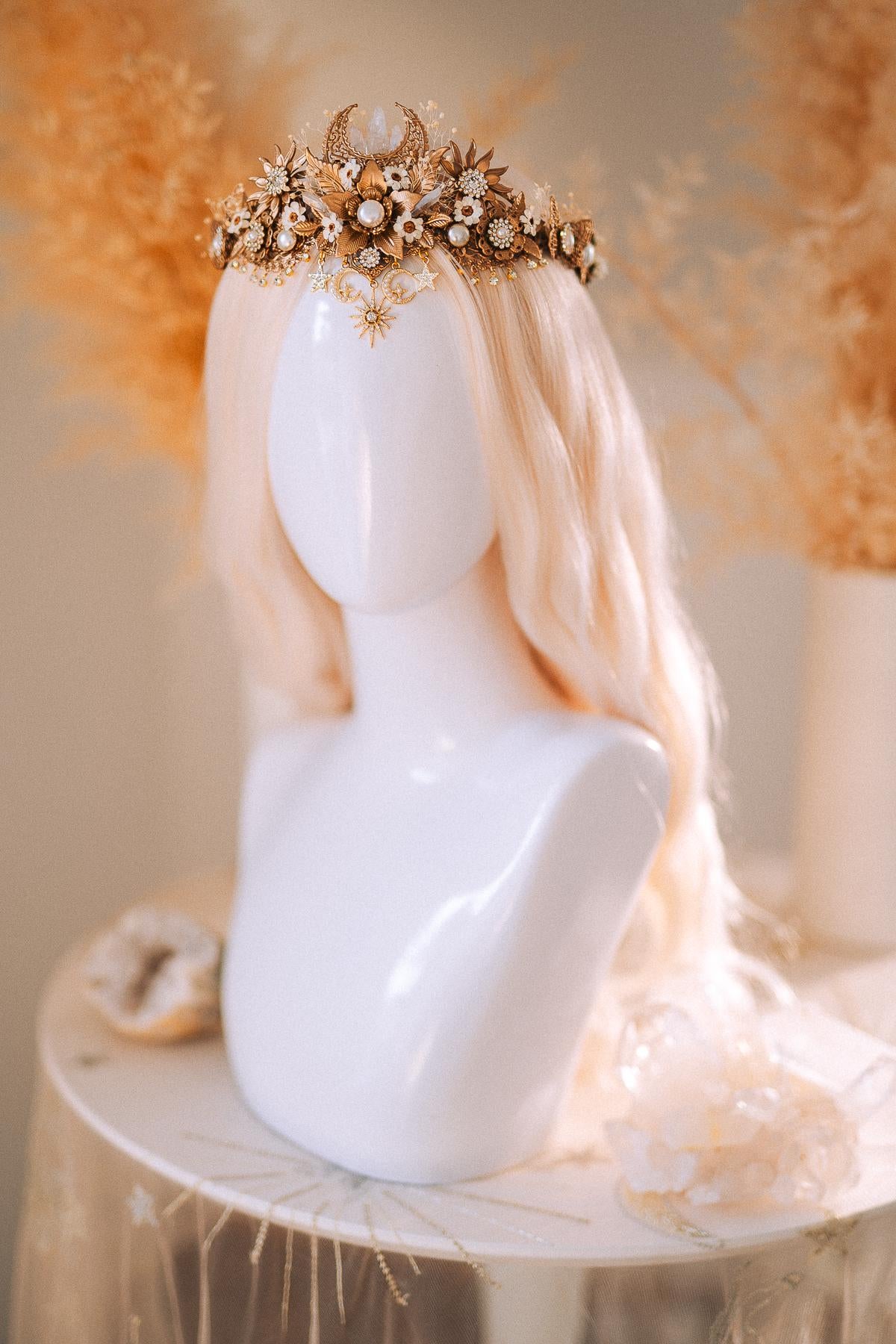 Celestial Boho Bridal Crown Crystal Flower Goddess Headpiece