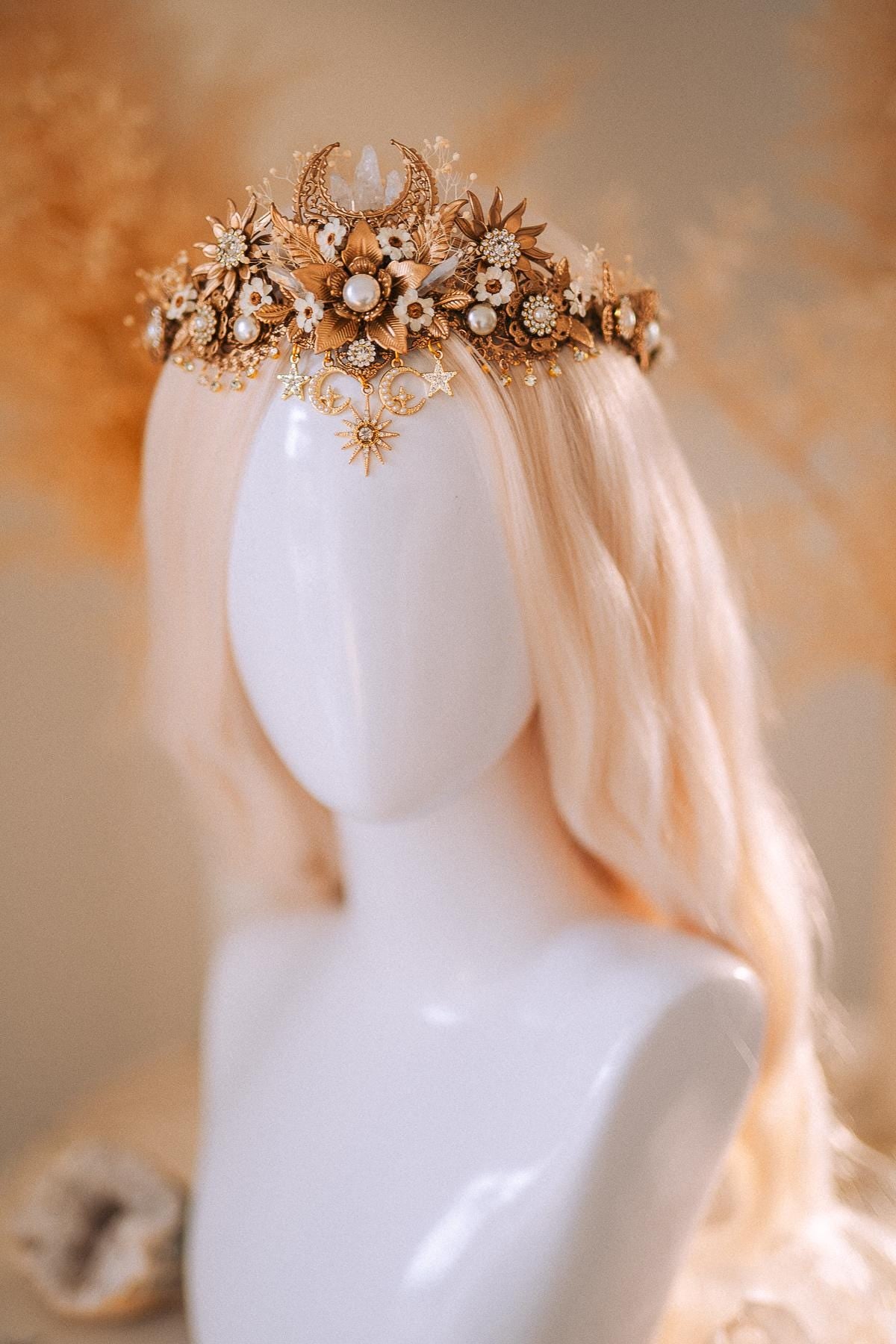 Celestial Boho Bridal Crown Crystal Flower Goddess Headpiece