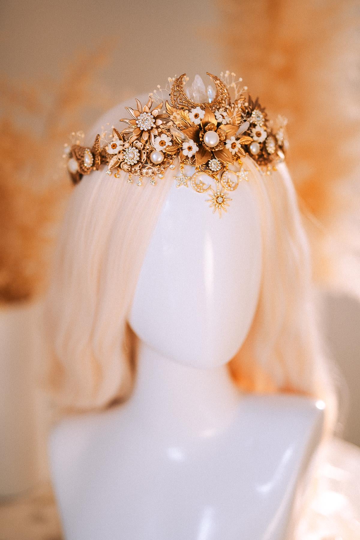 Celestial Boho Bridal Crown Crystal Flower Goddess Headpiece