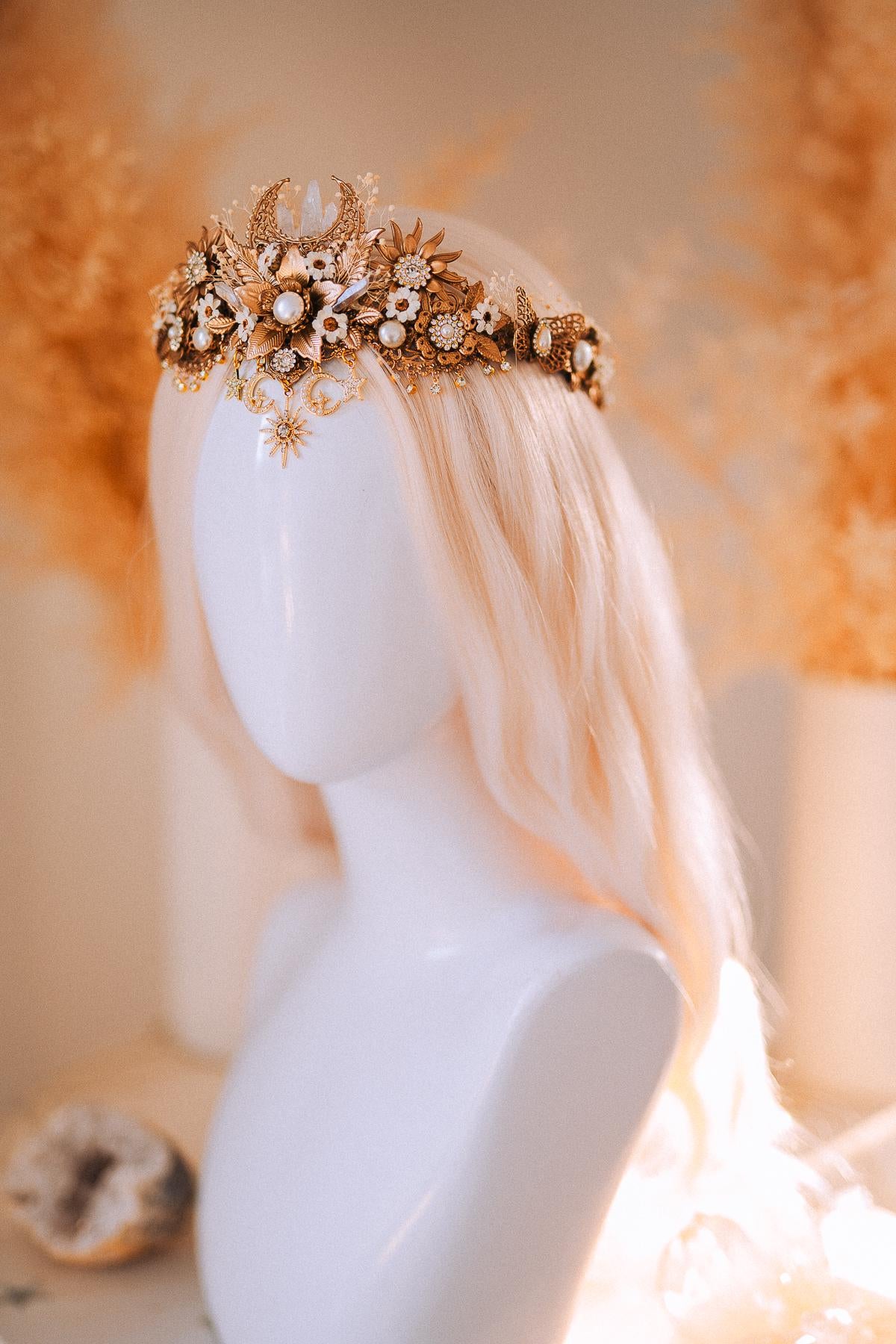 Celestial Boho Bridal Crown Crystal Flower Goddess Headpiece