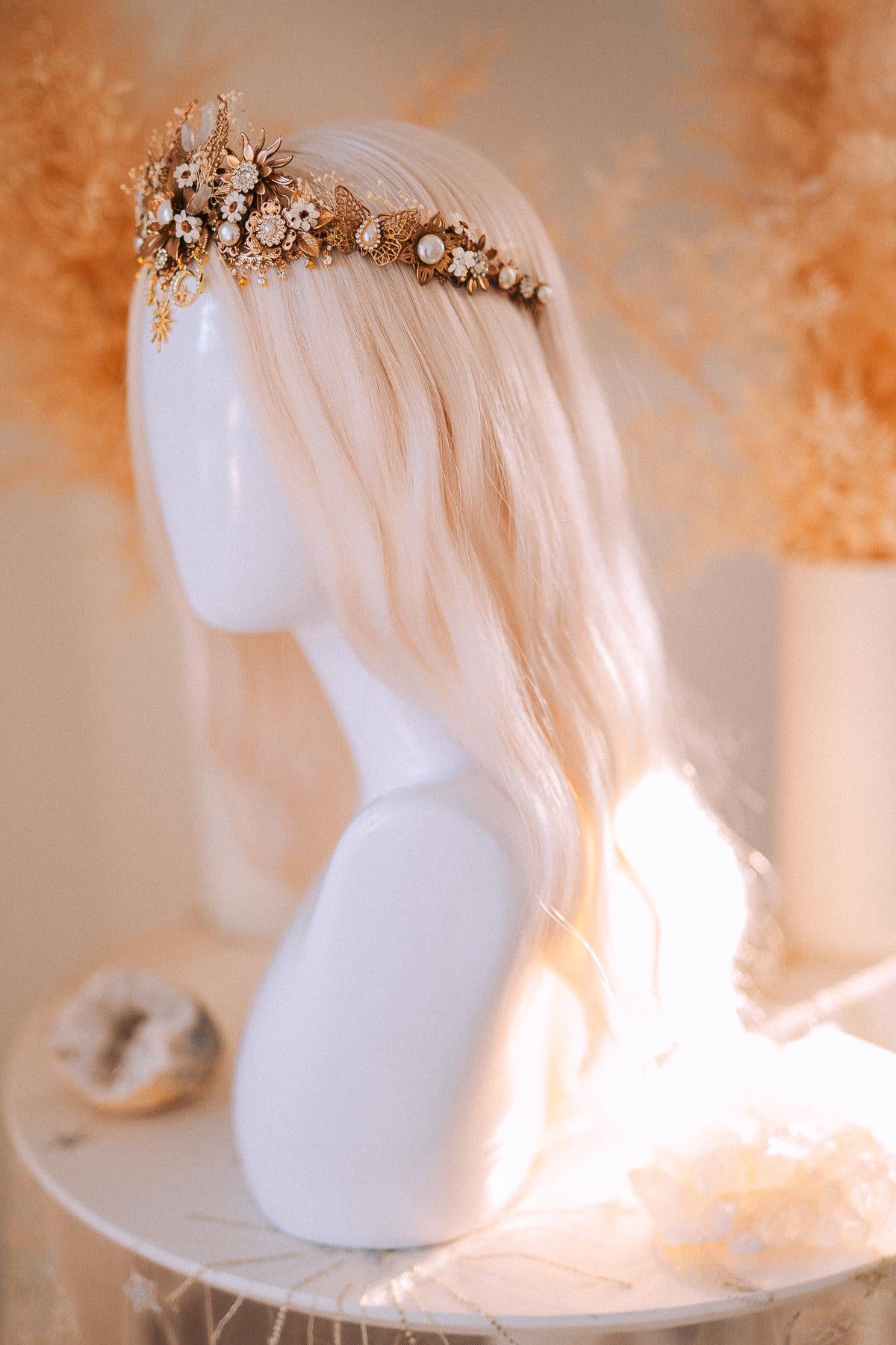 Celestial Boho Bridal Crown Crystal Flower Goddess Headpiece