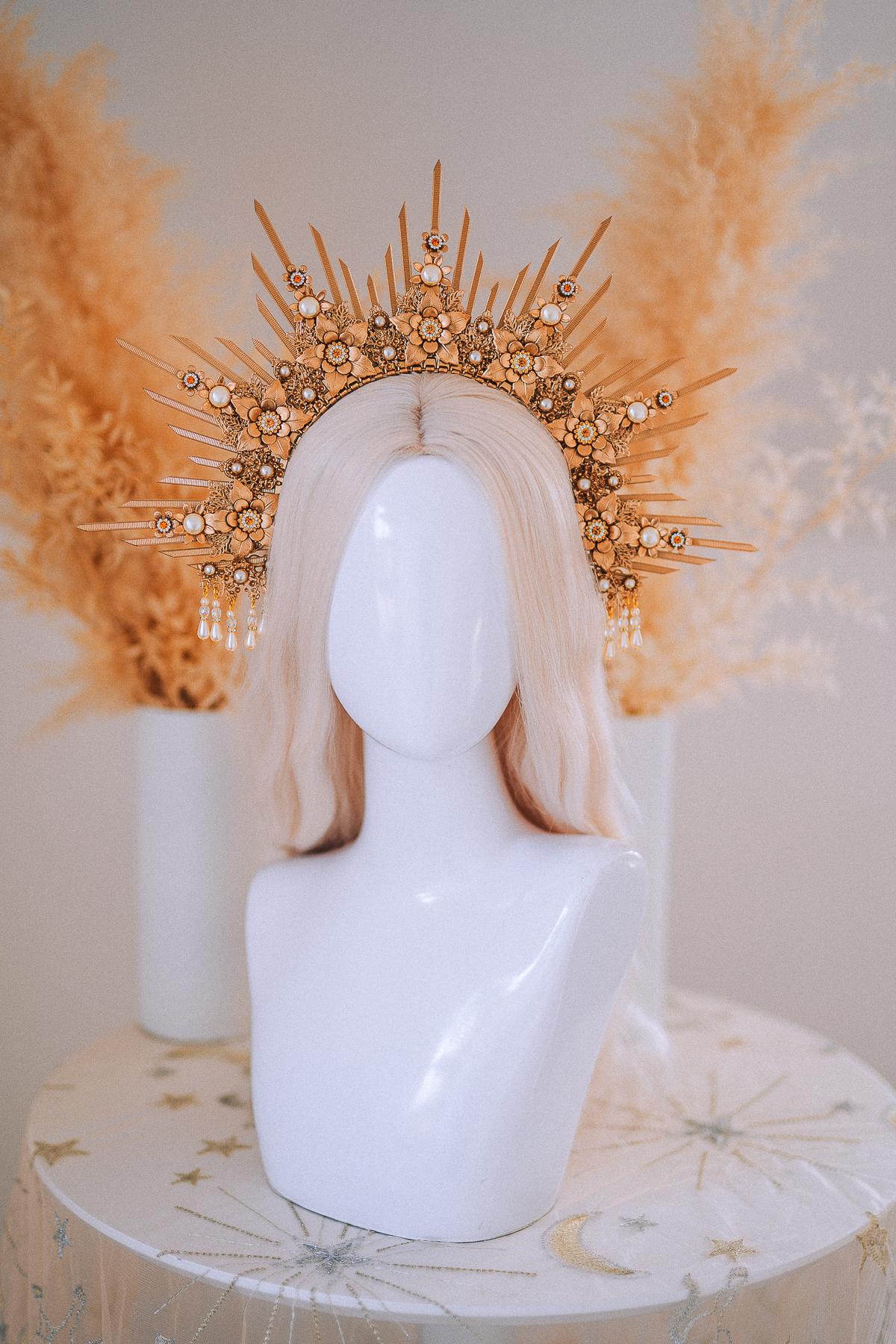Bridal Halo Crown Gold Goddess Headpiece Boho Wedding Crown
