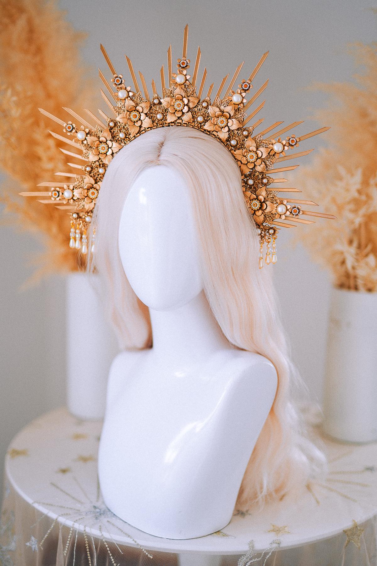 Bridal Halo Crown Gold Goddess Headpiece Boho Wedding Crown