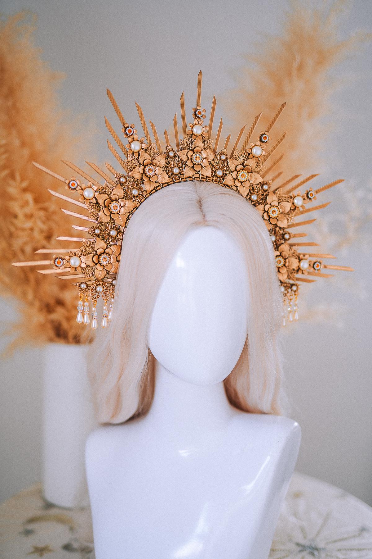 Bridal Halo Crown Gold Goddess Headpiece Boho Wedding Crown