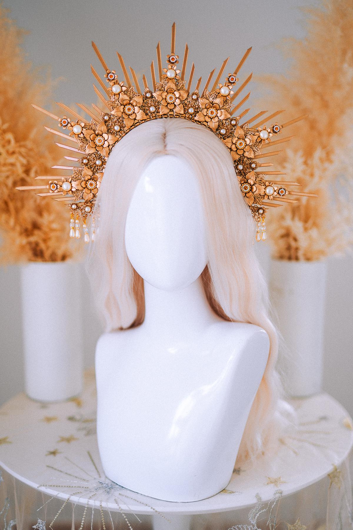 Bridal Halo Crown Gold Goddess Headpiece Boho Wedding Crown