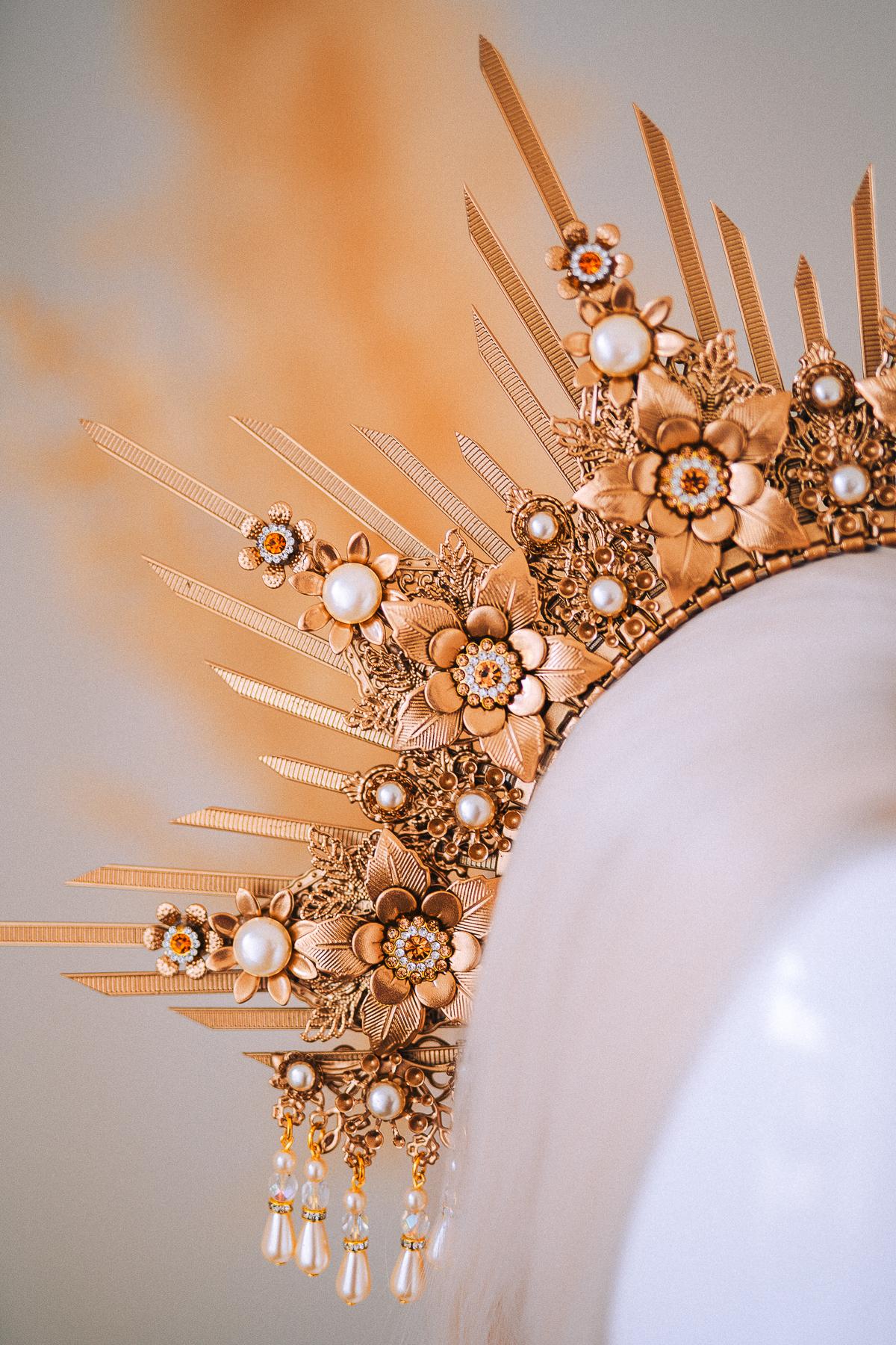 Bridal Halo Crown Gold Goddess Headpiece Boho Wedding Crown