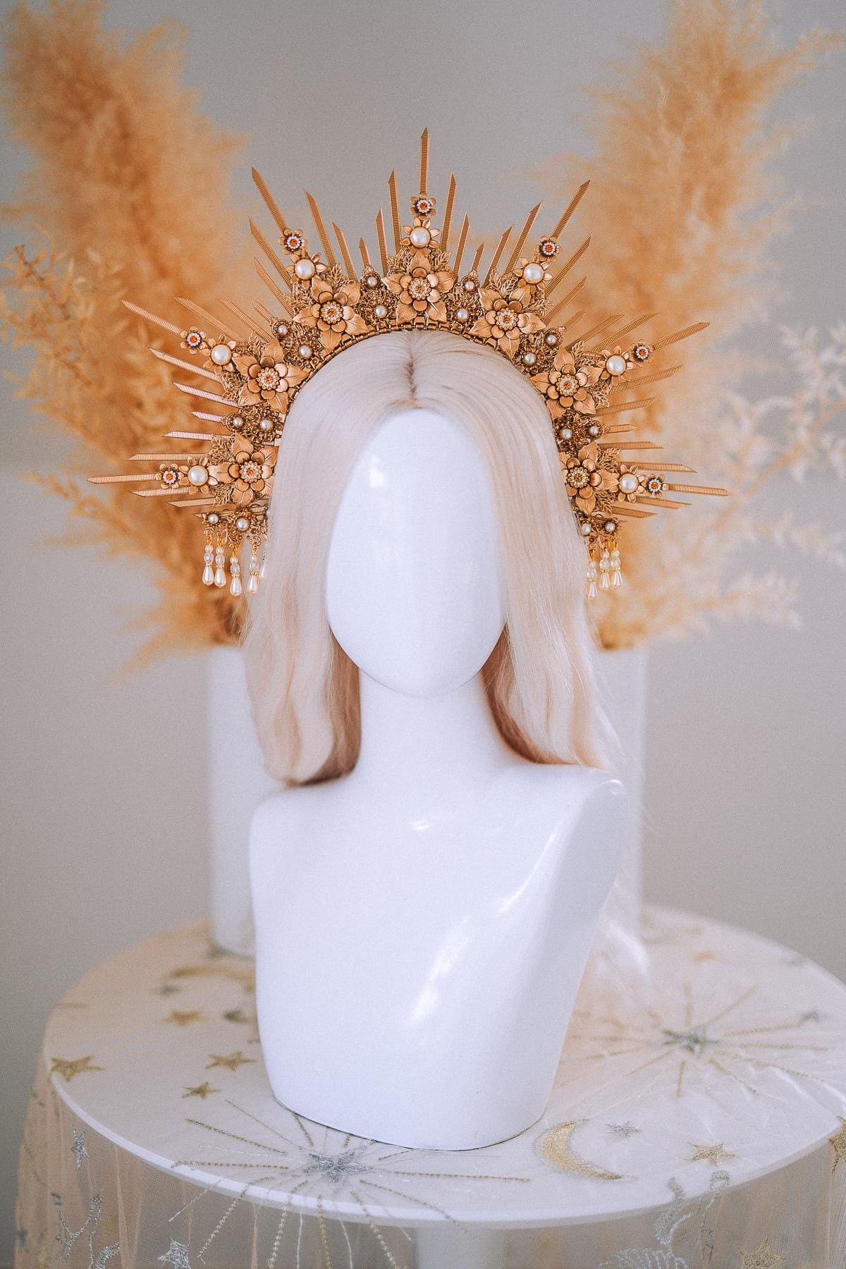 Bridal Halo Crown Gold Goddess Headpiece Boho Wedding Crown