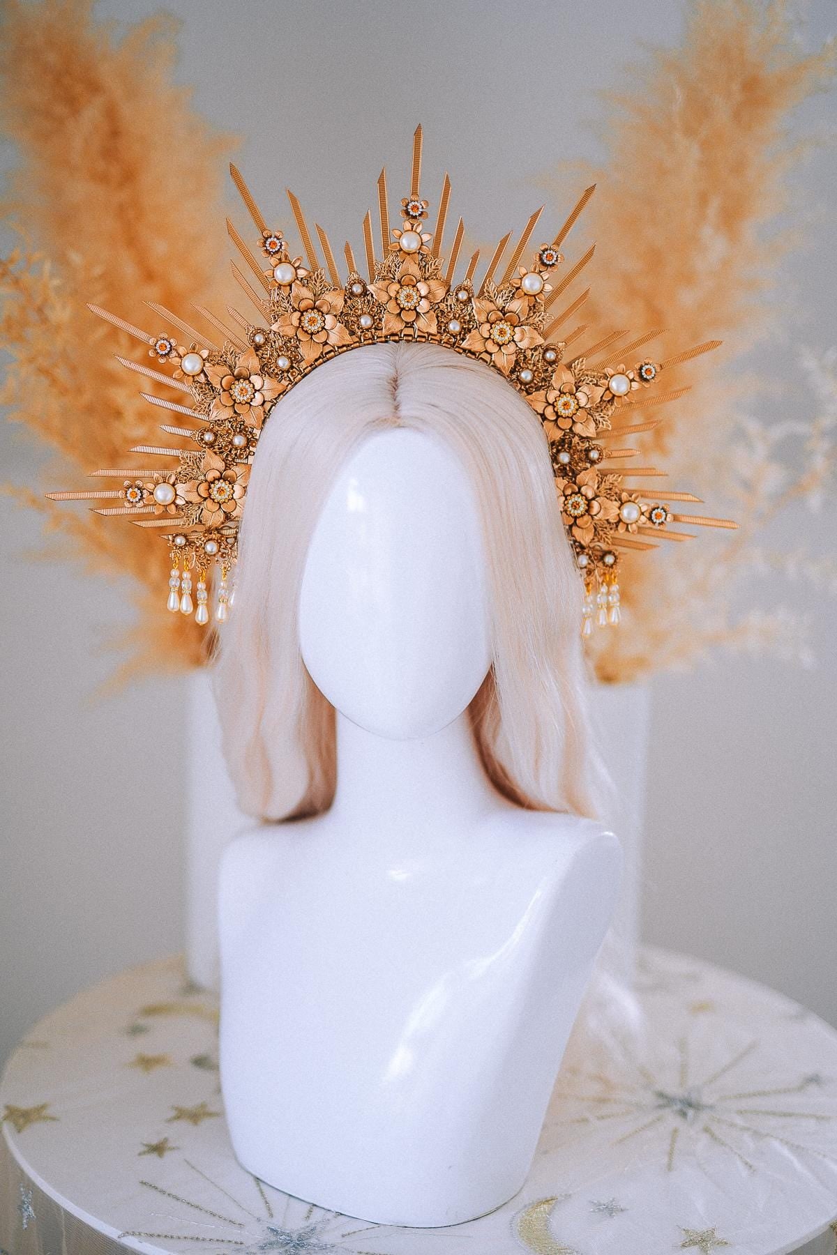 Bridal Halo Crown Gold Goddess Headpiece Boho Wedding Crown